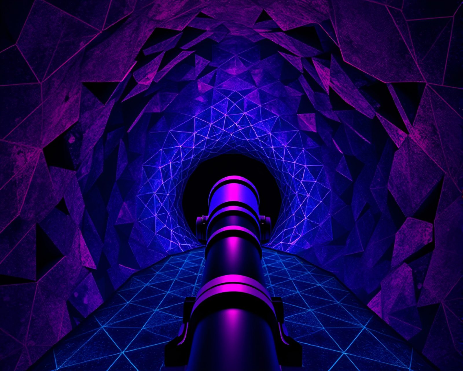Abstract vaporwave pattern resembling telescope in dark cave entrance