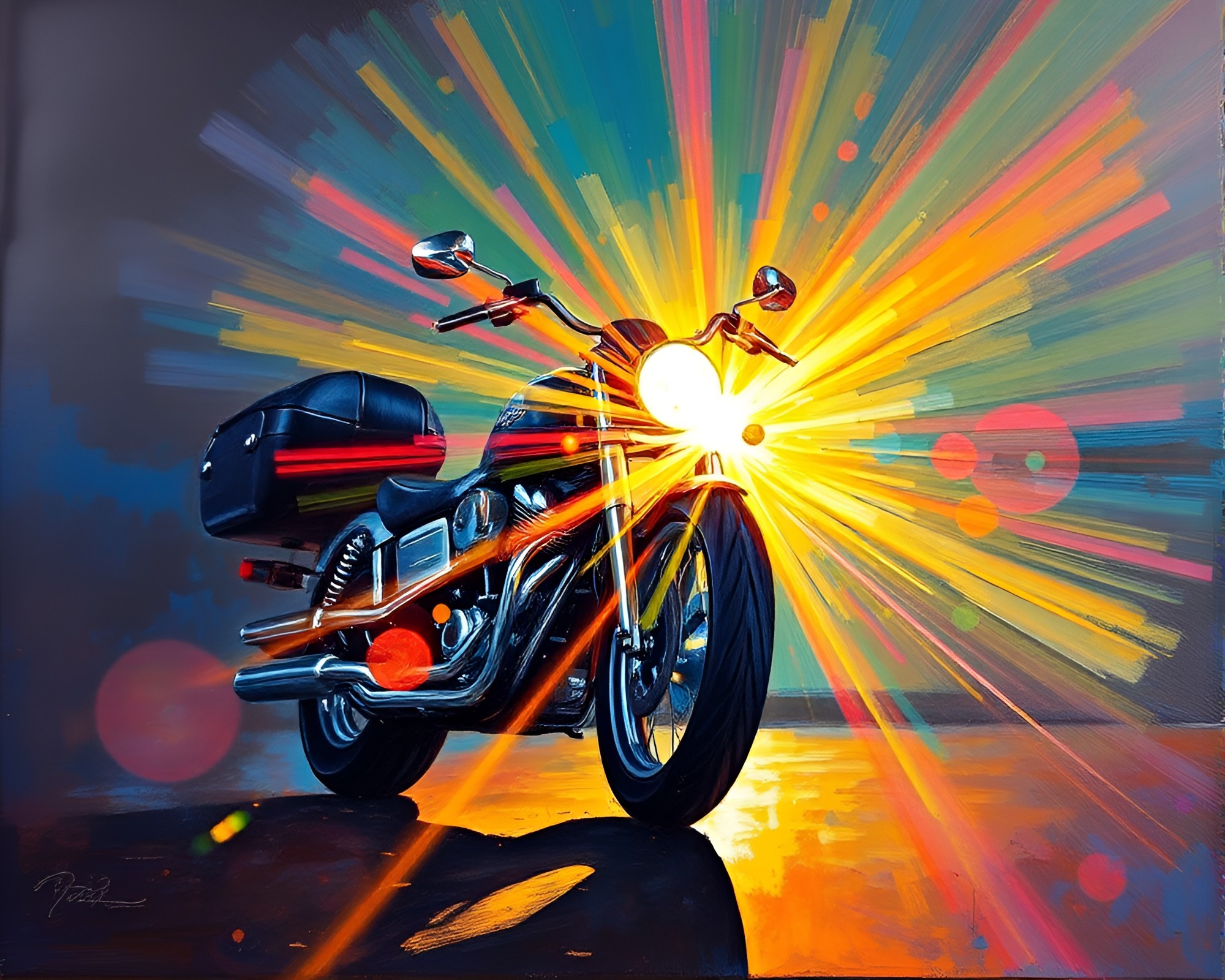 Vibrant Neon Motorcycle in Lens Flare Burst – free AI stock image