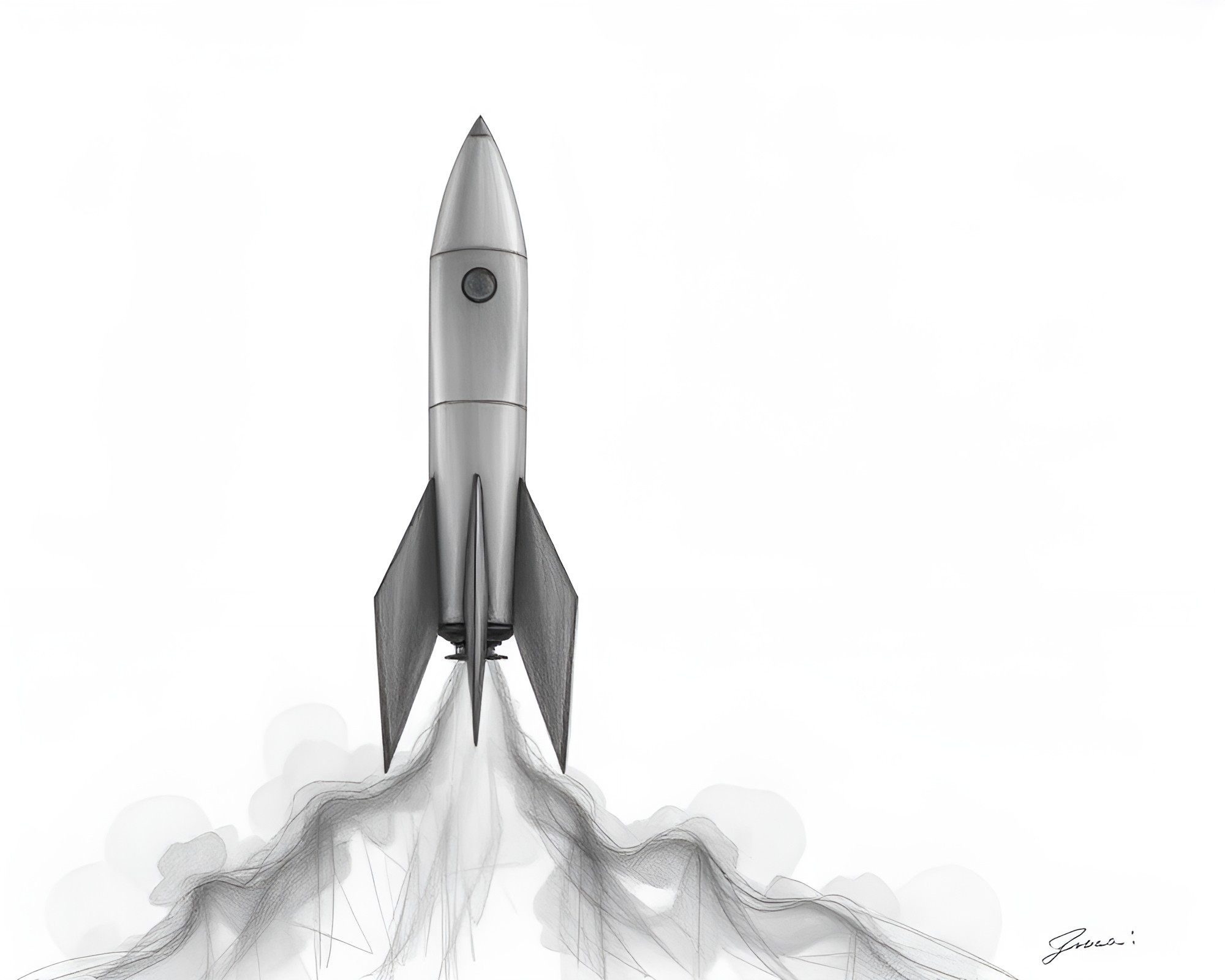 Minimalist Rocket Launch in Foggy Pencil Sketch – free AI stock image