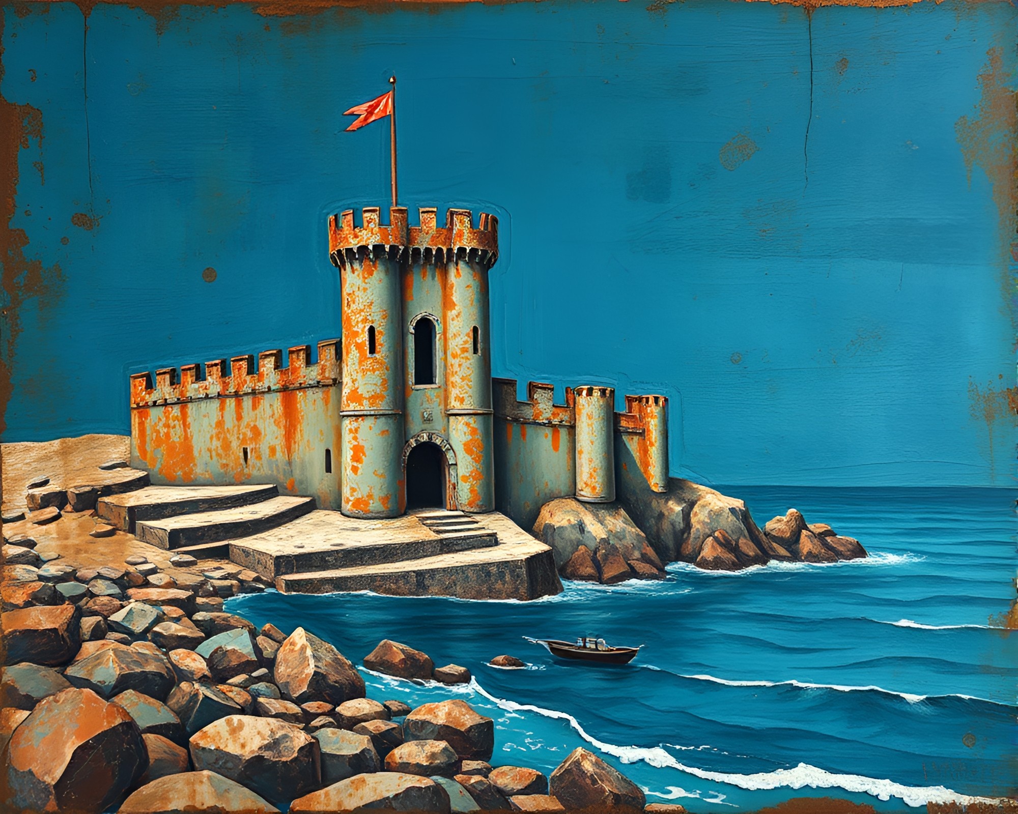 Rust Patina Castle with Ocean-Blue Splendor – free AI stock image
