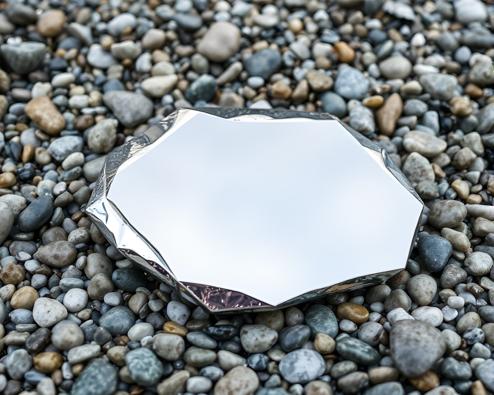 Mirror shards reflecting pebble beach under eerie metallic light