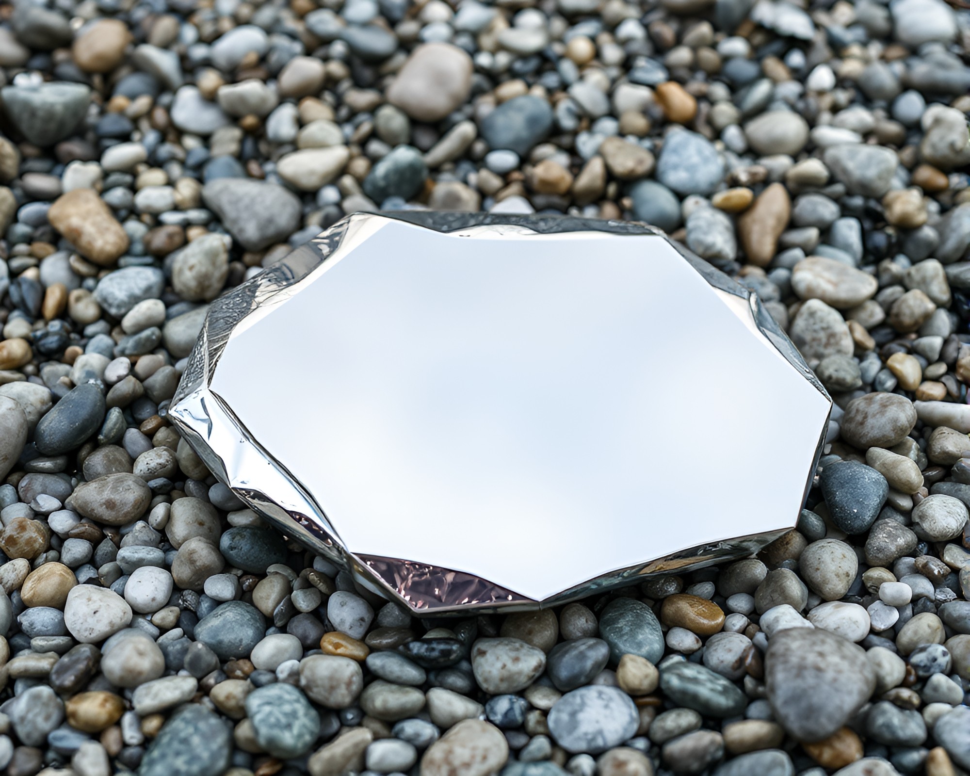 Shattered Reflection: Pebble Shore with Metallic Glow – free AI stock image