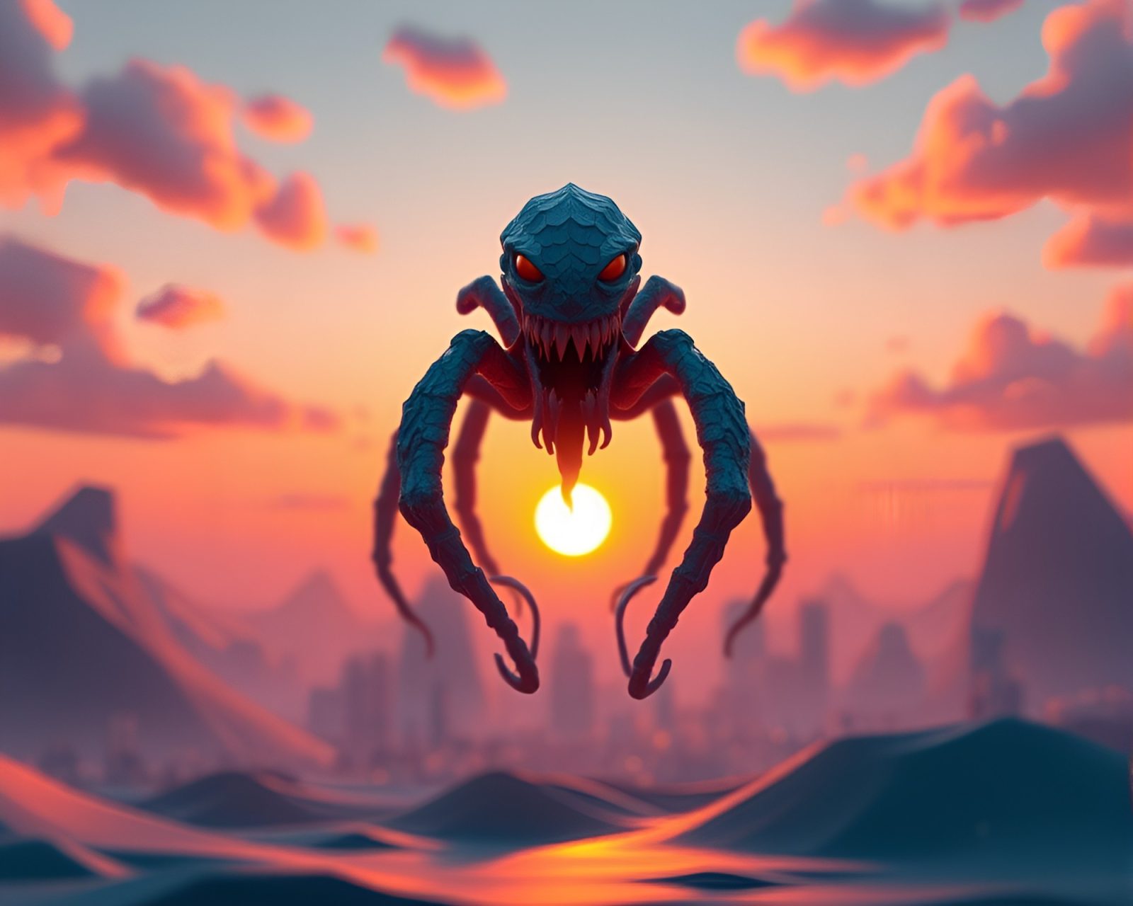 Low-poly 3D render of a monstrous Kraken against a skyline sunset backdrop