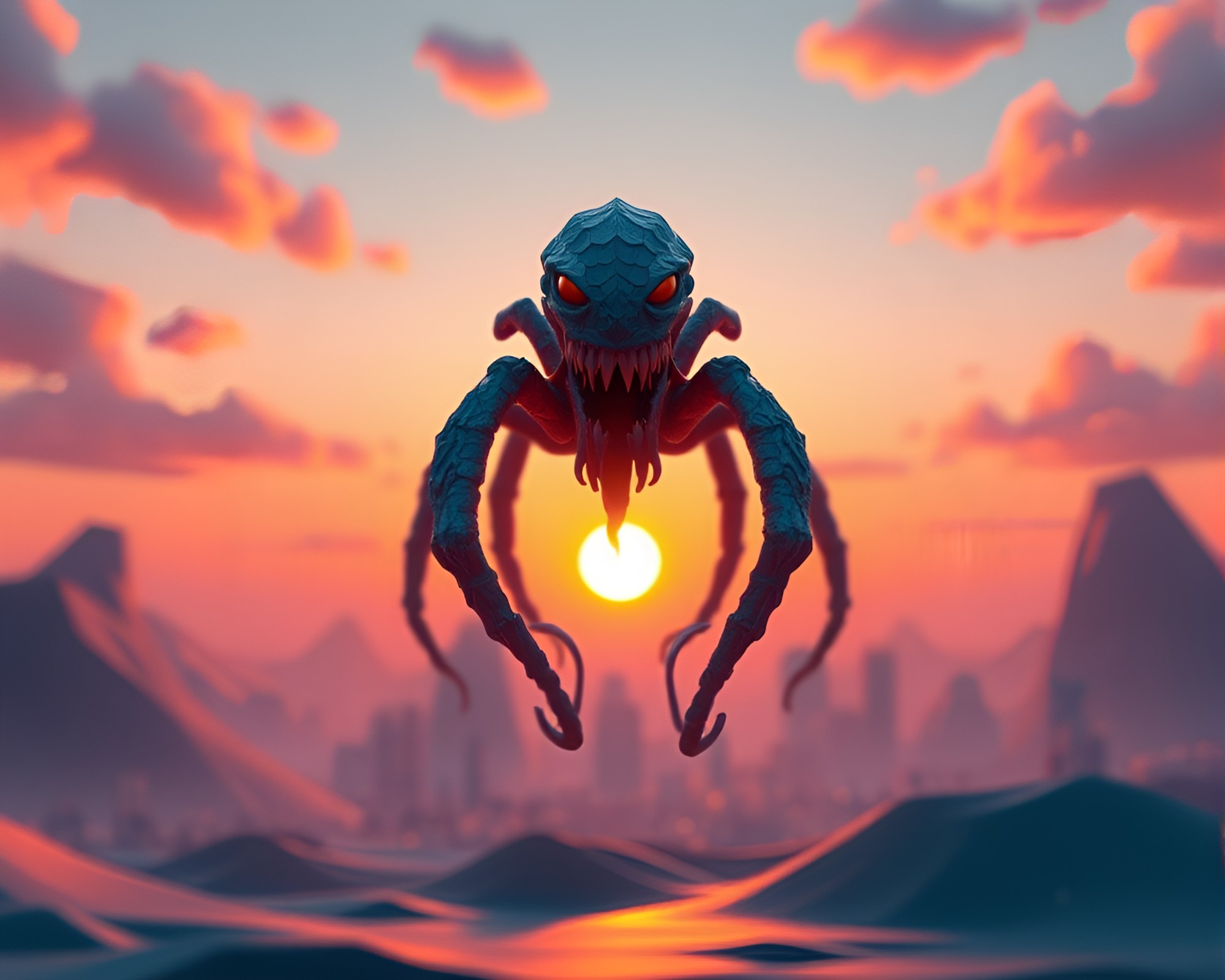 Kraken Unleashed at Sunset on Low-Poly City Skyline – free AI stock image