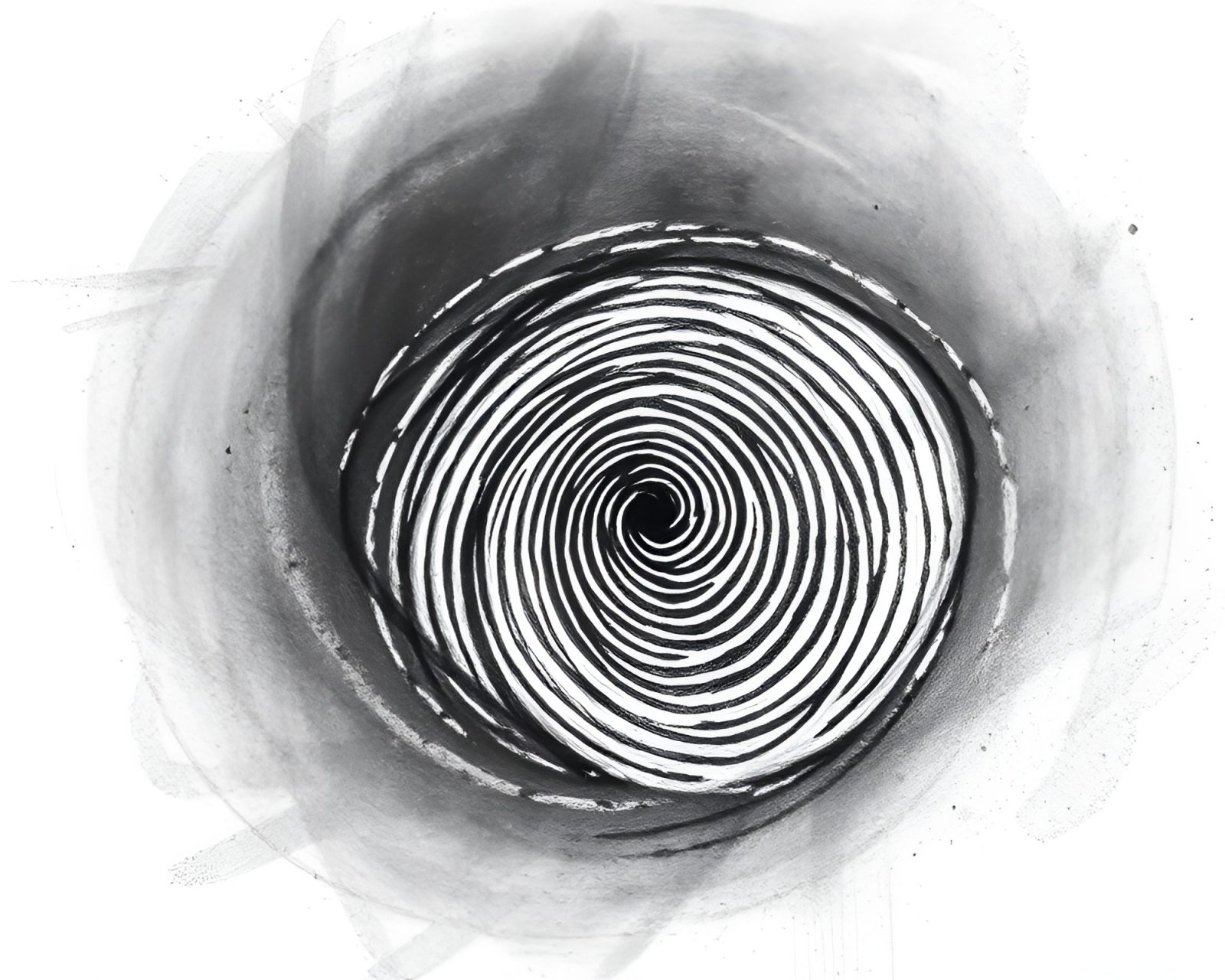 Dark charcoal swirls with stipple shading fingerprint art