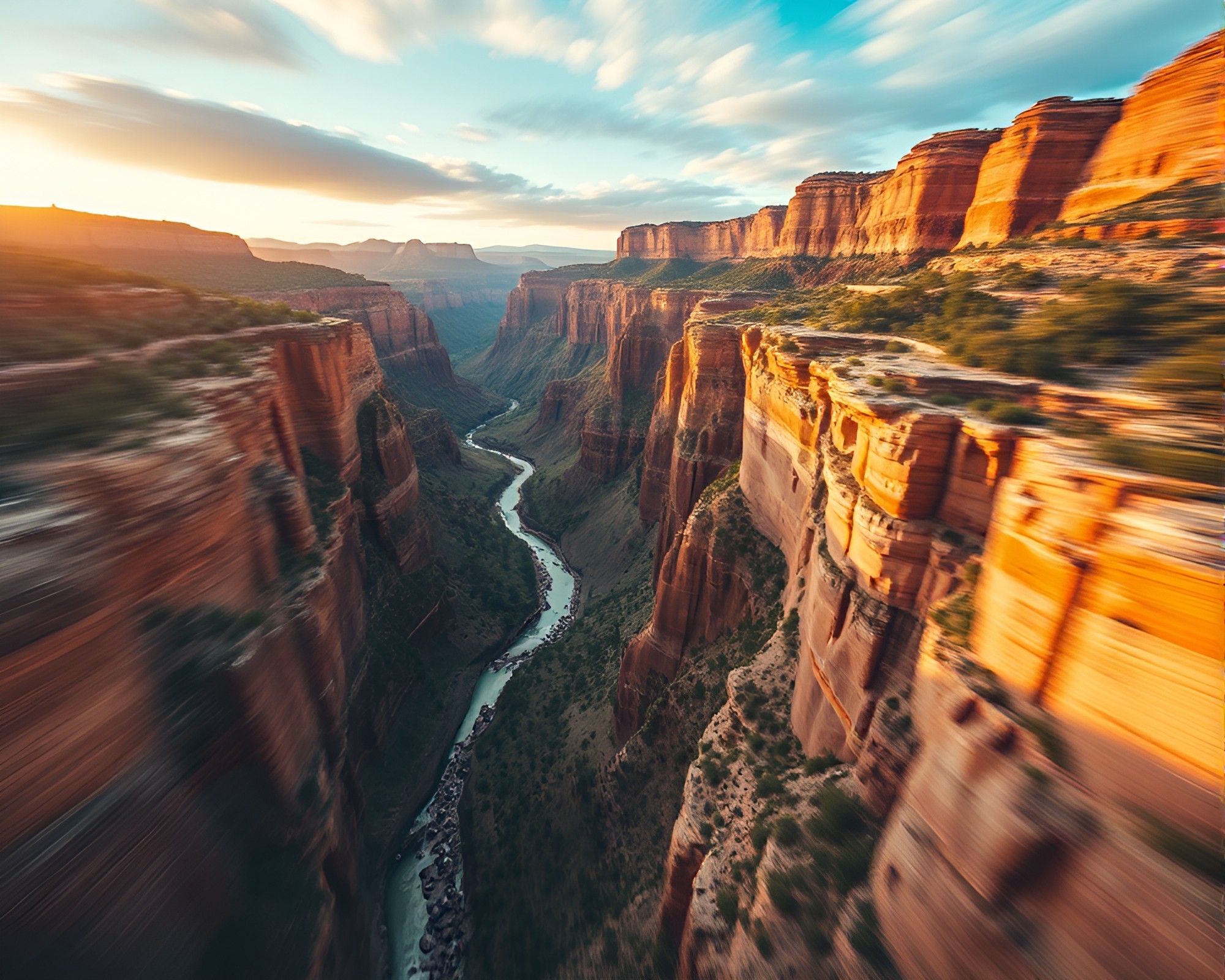 Aerial Canyon Bloom: Digital Motion Blur Exploration – free AI stock image