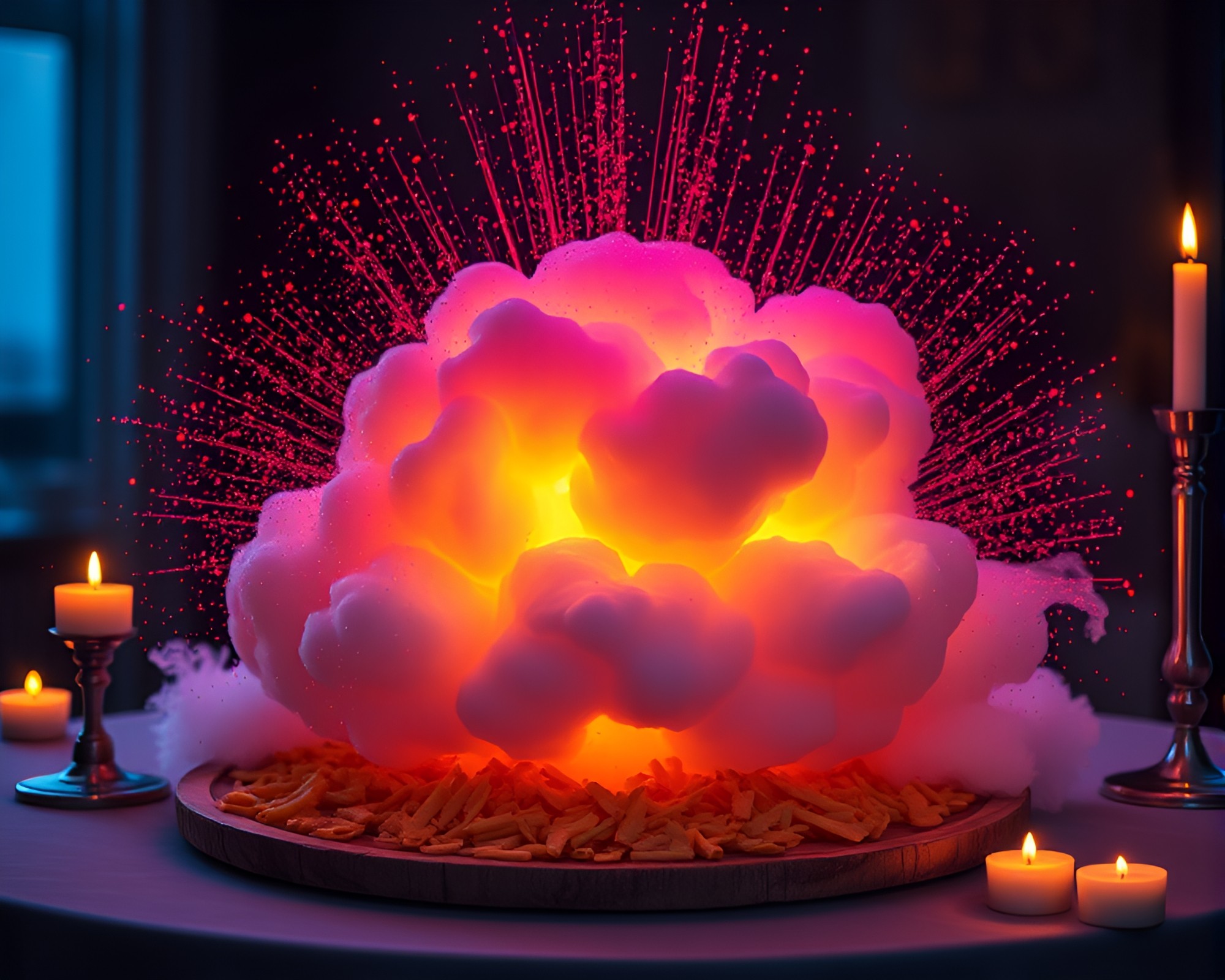 Cheese Platter Explosion: A Rainbow Candlelit Delight – free AI stock image