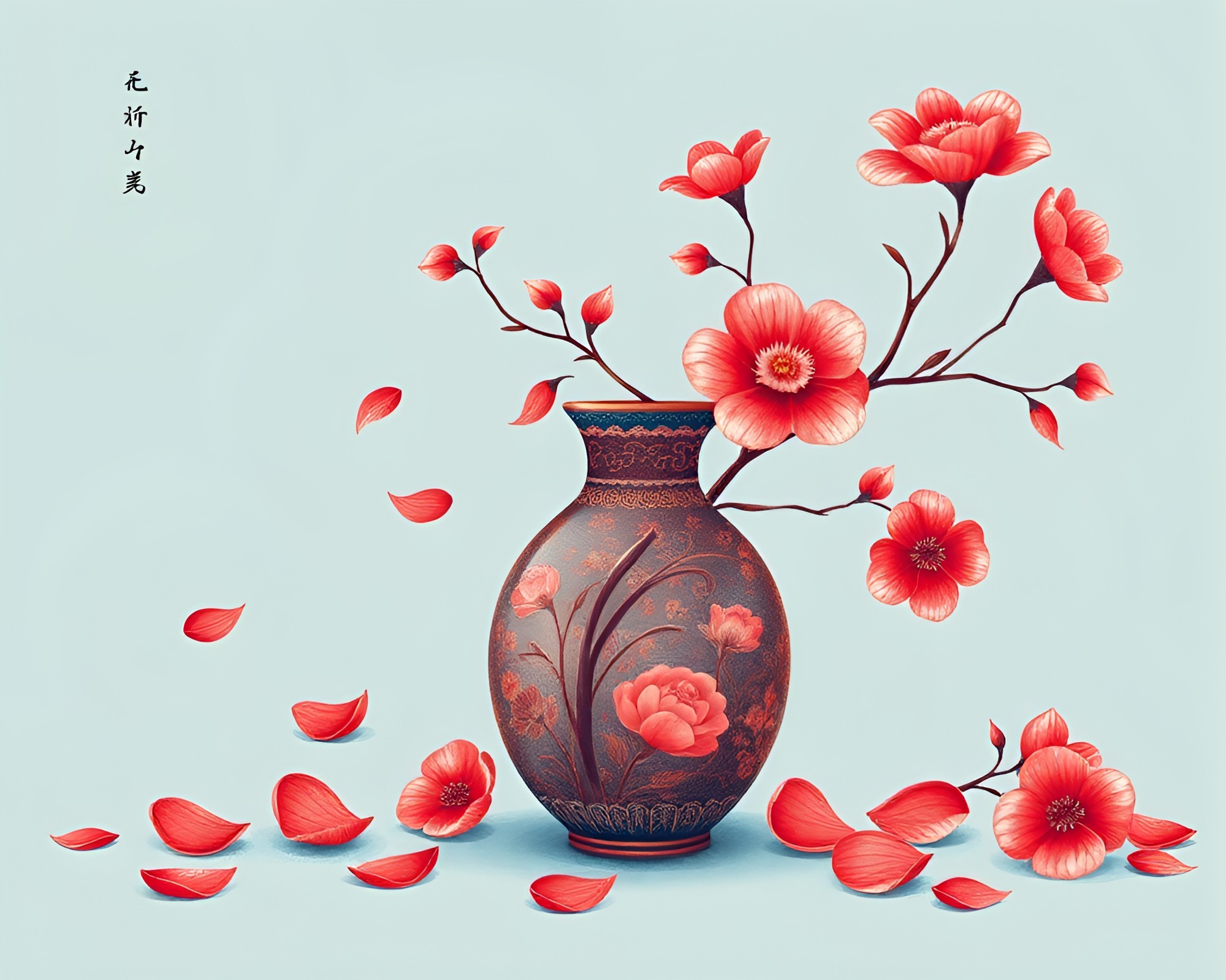Cloisonné Vase with Flower Petals in Duotone – free AI stock image