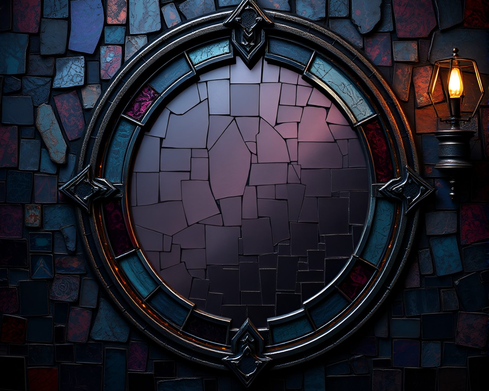 Eerie haunted mirror composed of fragmented anime mosaic pieces