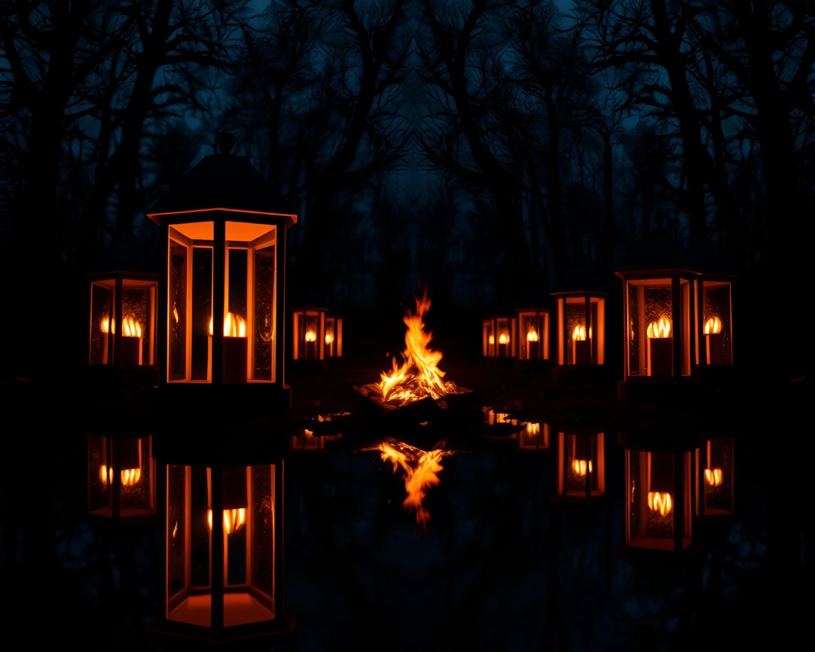 Glowing lanterns reflect in dark mirror, bonfire flickering