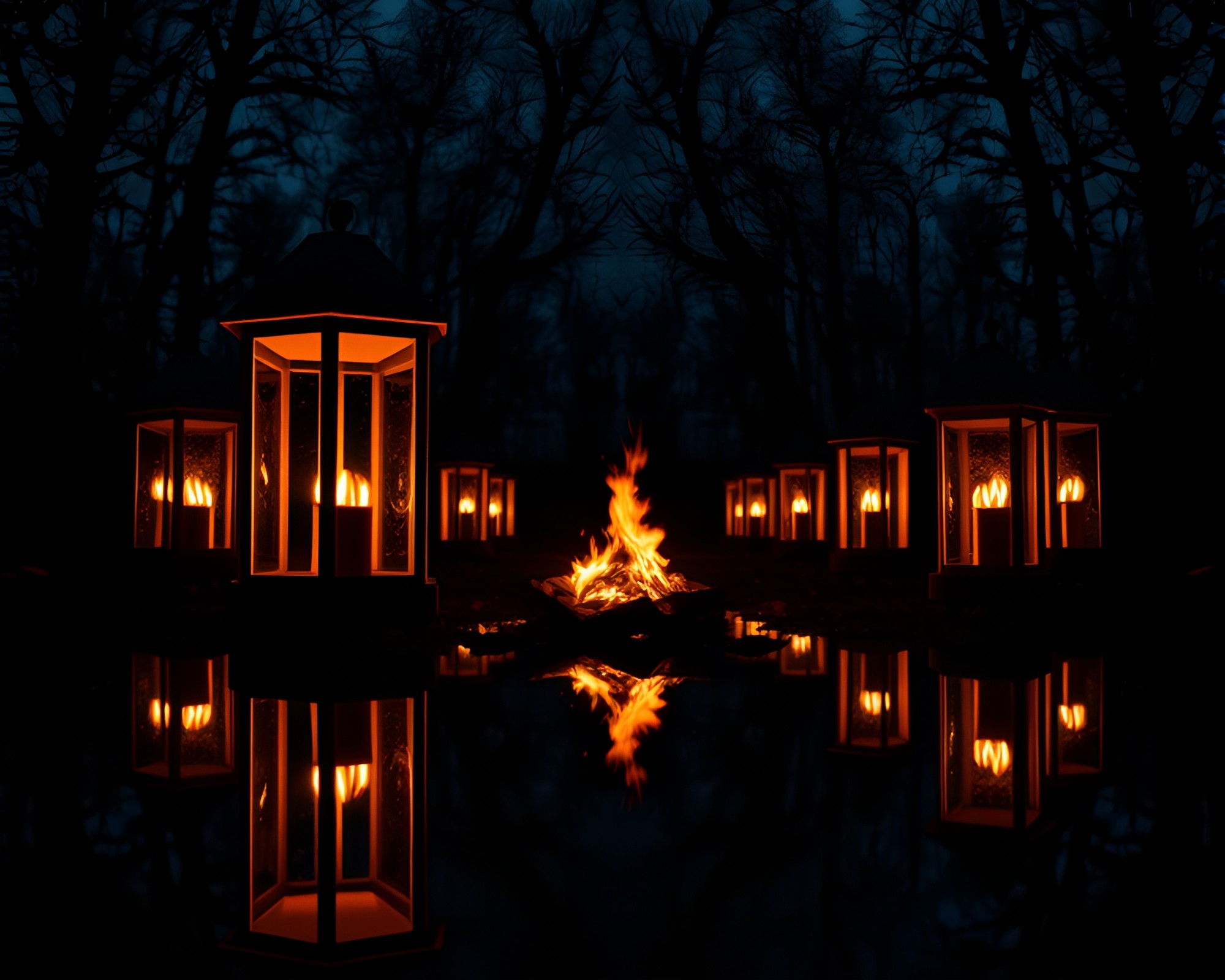 Lantern-lit Mirror Symmetry: Bonfire Noir Atmosphere – free AI stock image