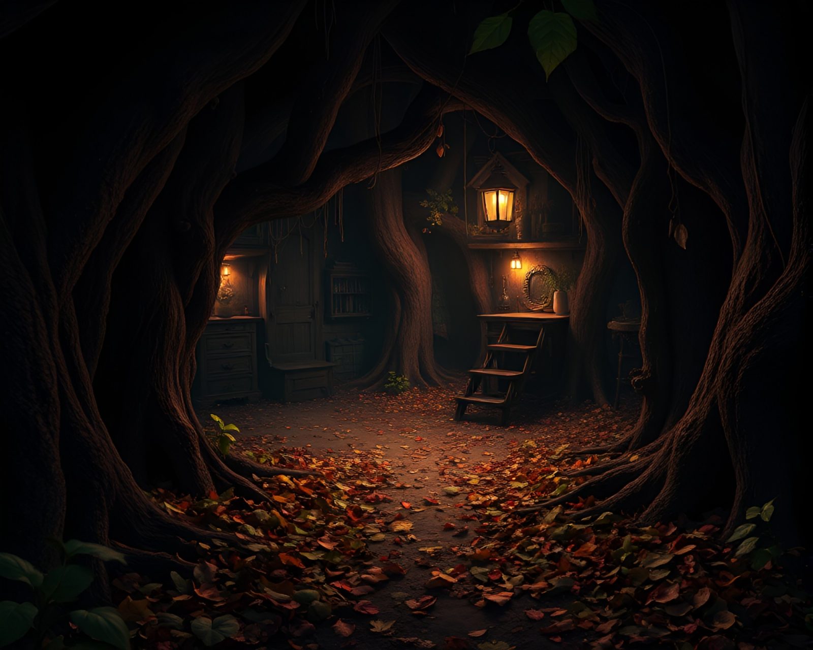 Dark treehouse surrounded by holographic leaf litter in basement