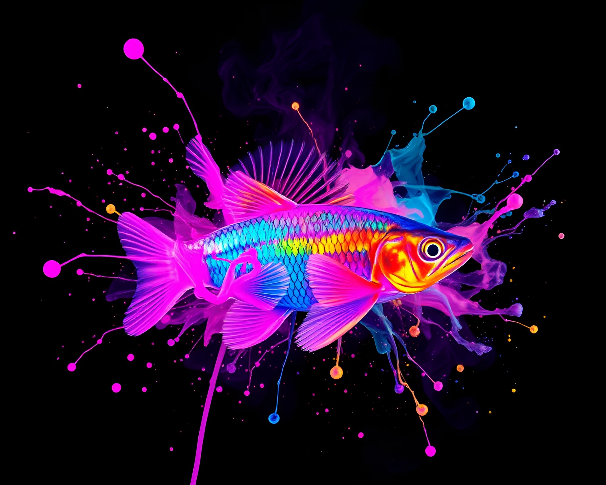 Neon Nymph in Tri-Tone Ink Splashes – free AI stock image