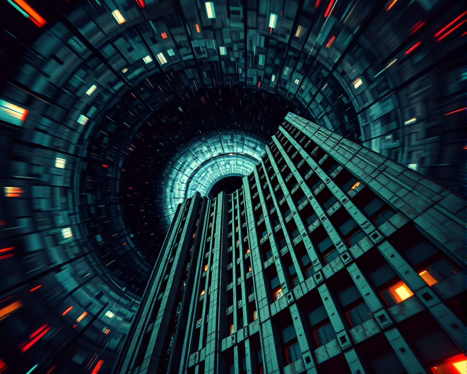 Pixelated swirling vortex surrounding grainy film building scene