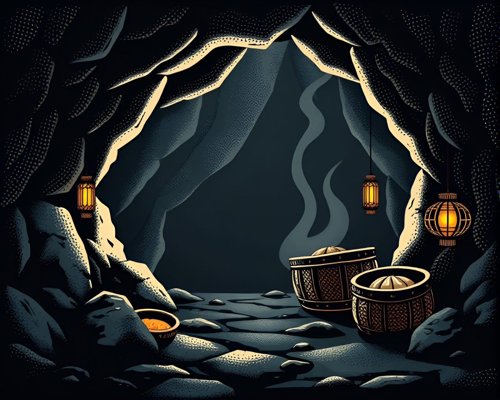 Black and white stipple drawing of dim sum basket in dark cave