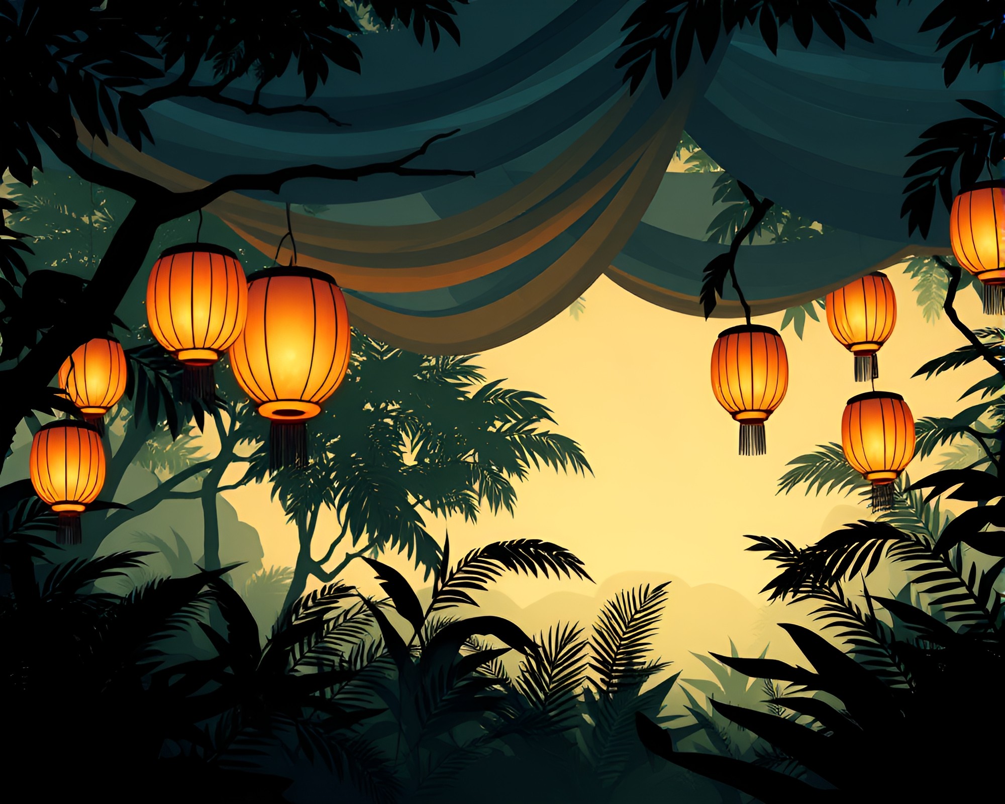 Floating Lanterns in Jungle Canopy Shade Illustration – free AI stock image