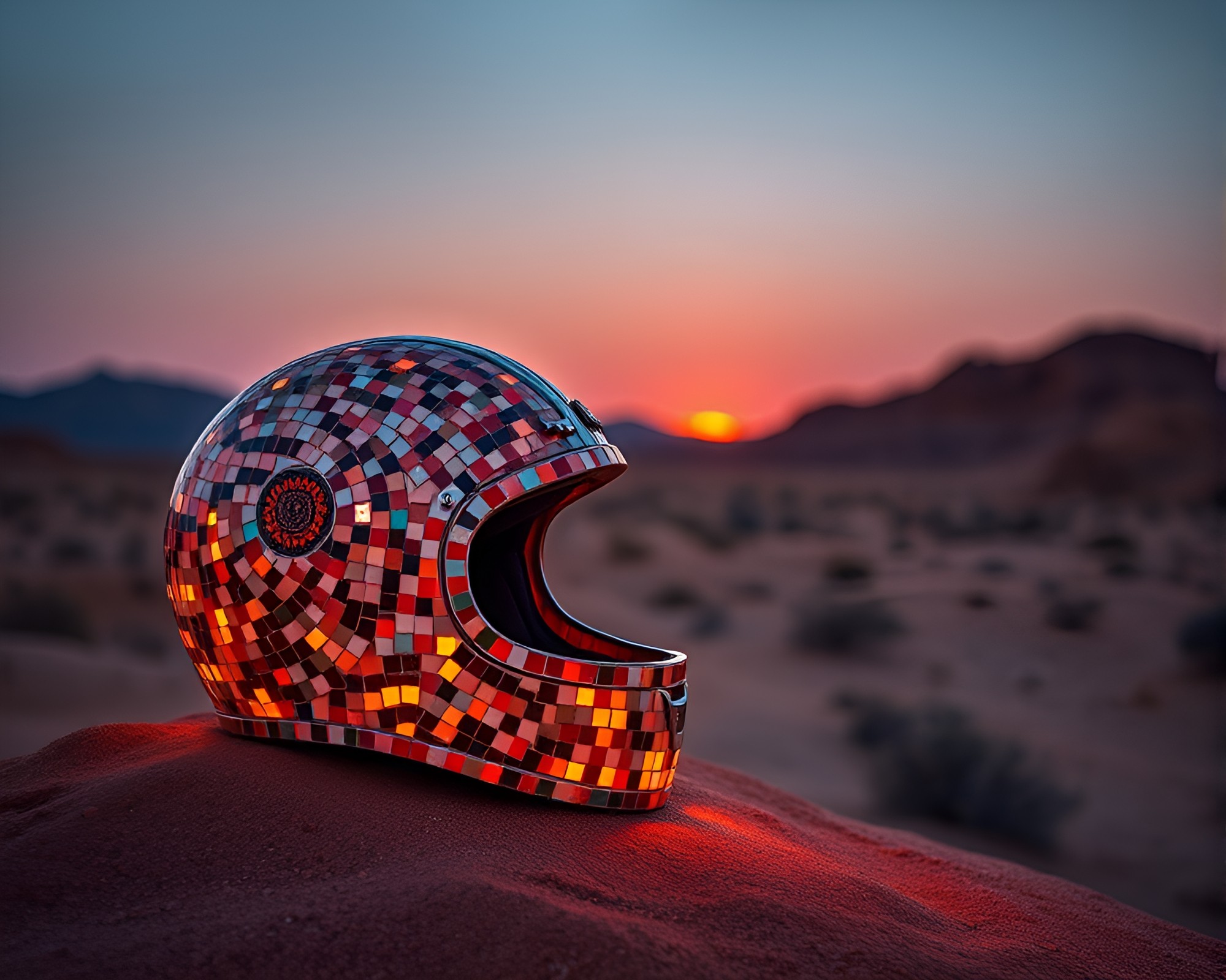 Golden Helmet Mosaic under Desert Sunset Rim Lighting – free AI stock image