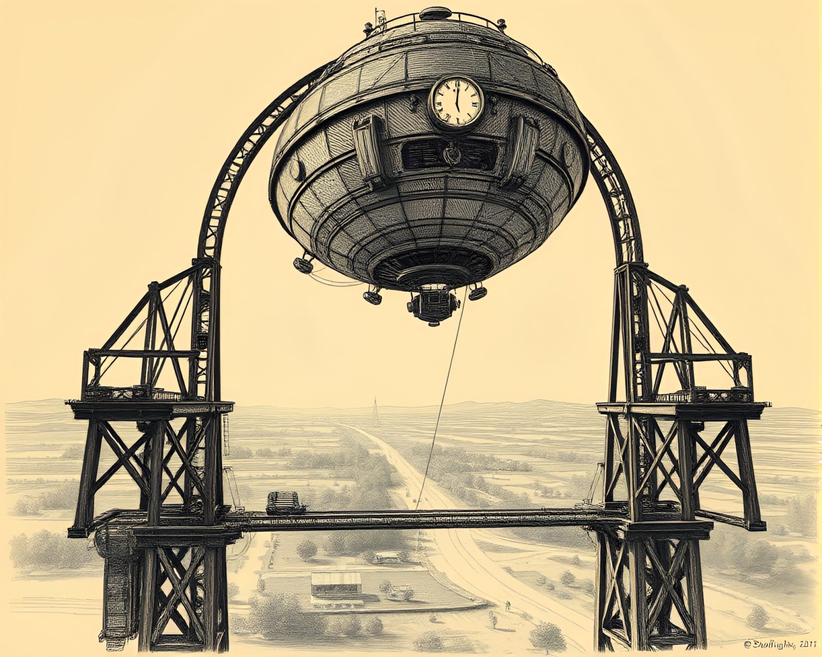 A fantastical steampunk airship flying under bright midday light
