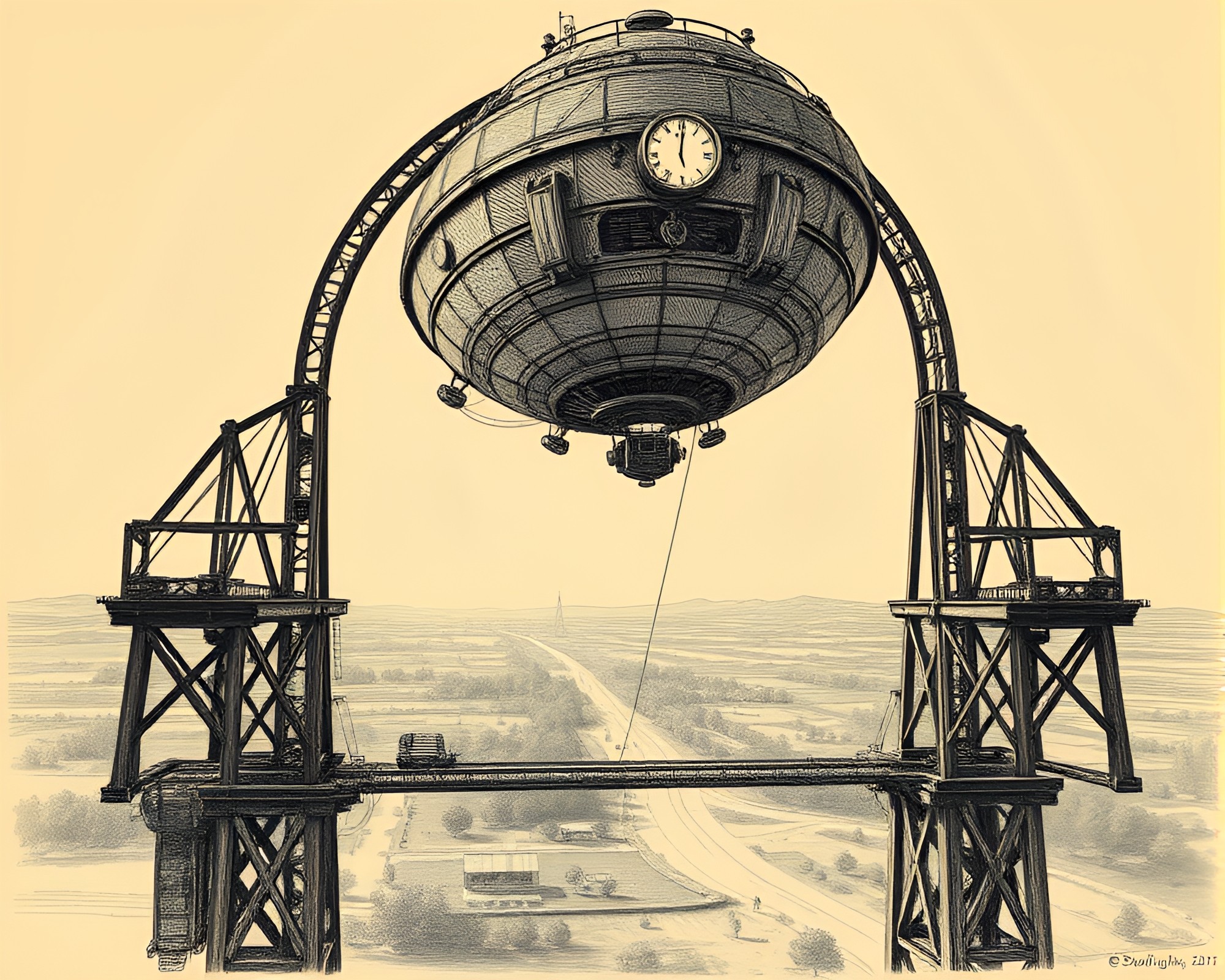 Steampunk Airship Soaring in Midday Landscape Etching – free AI stock image