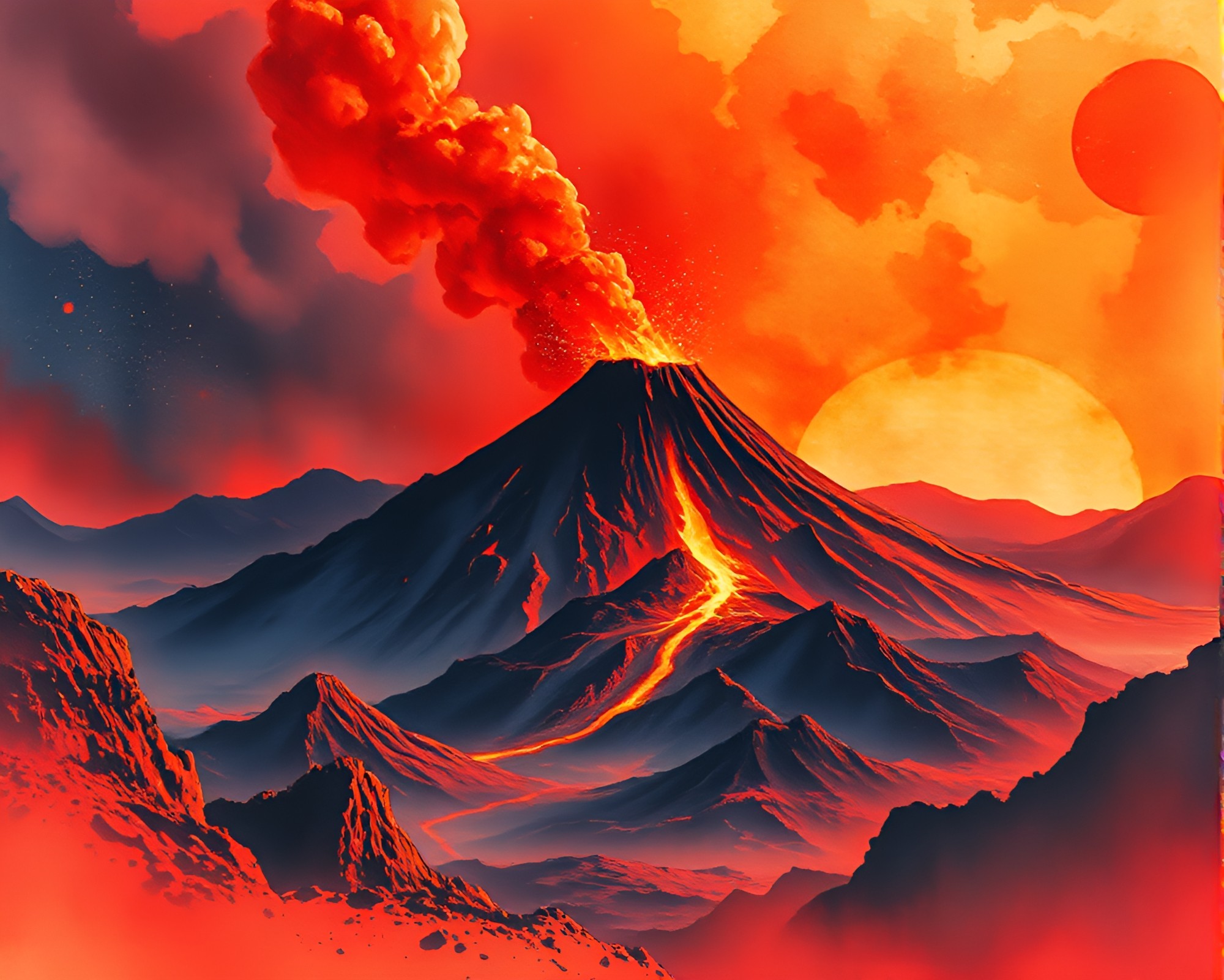 Volcano-Red Space Habitat Watercolor Painting – free AI stock image
