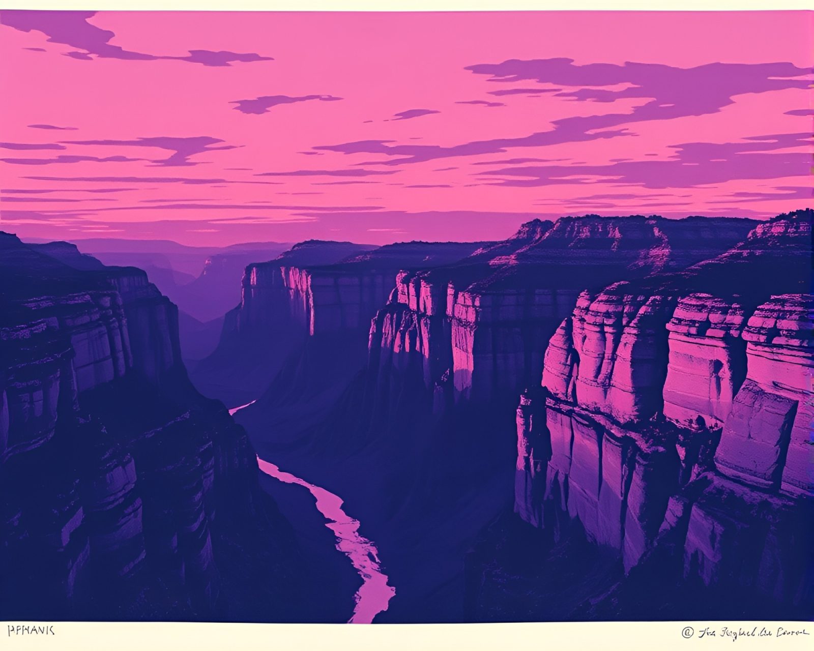 High-angle linocut print of a twilight purple-toned canyon view