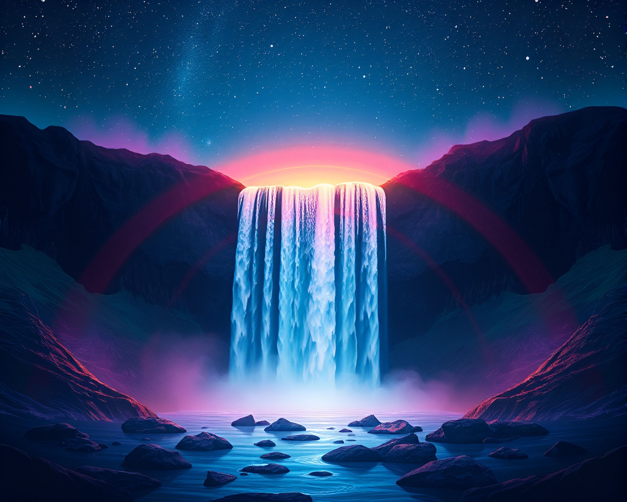 Waterfall meets cosmic rainbow in stunning double exposure – free AI stock image