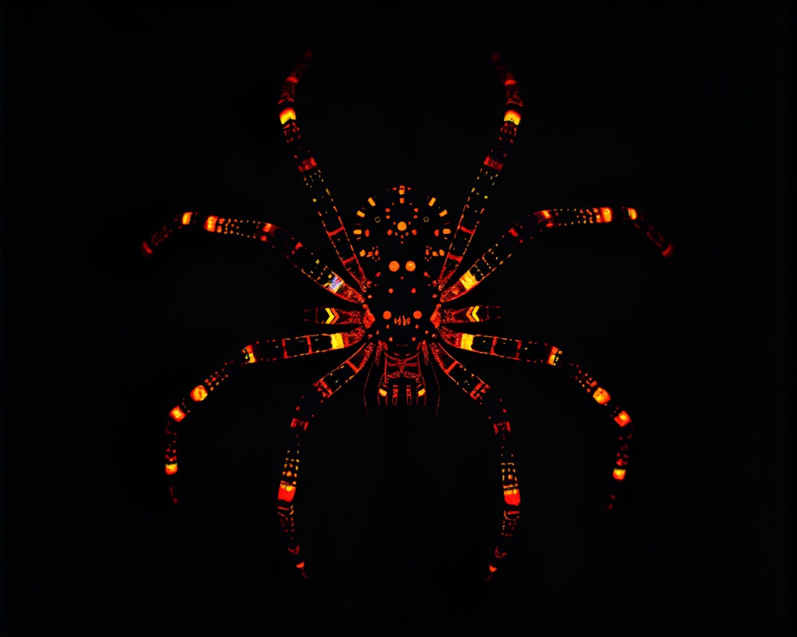 Dark, gritty image of mechanical spider in unique colors