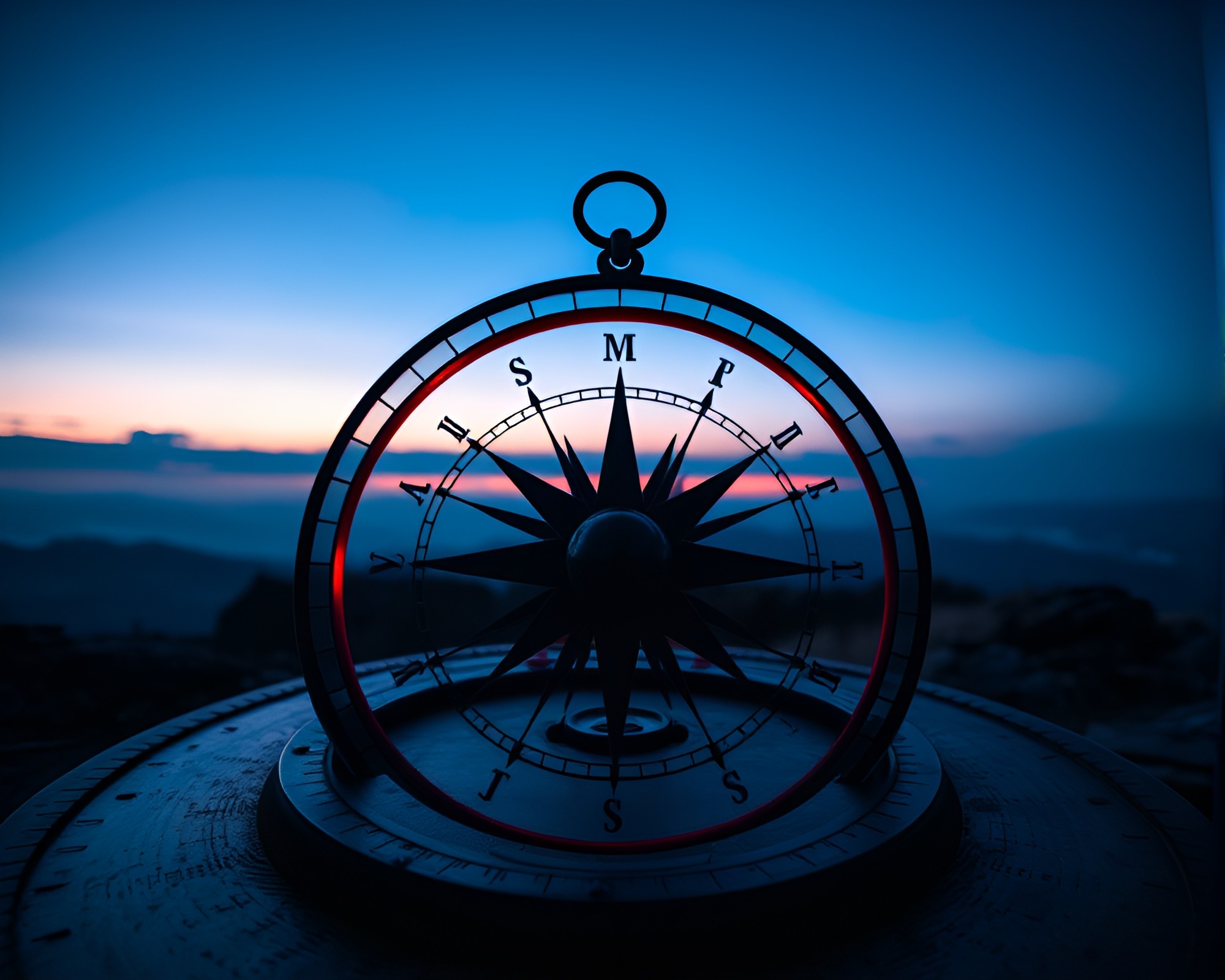 Fibonacci Spiral Compass in Blue Hour Sunrise – free AI stock image