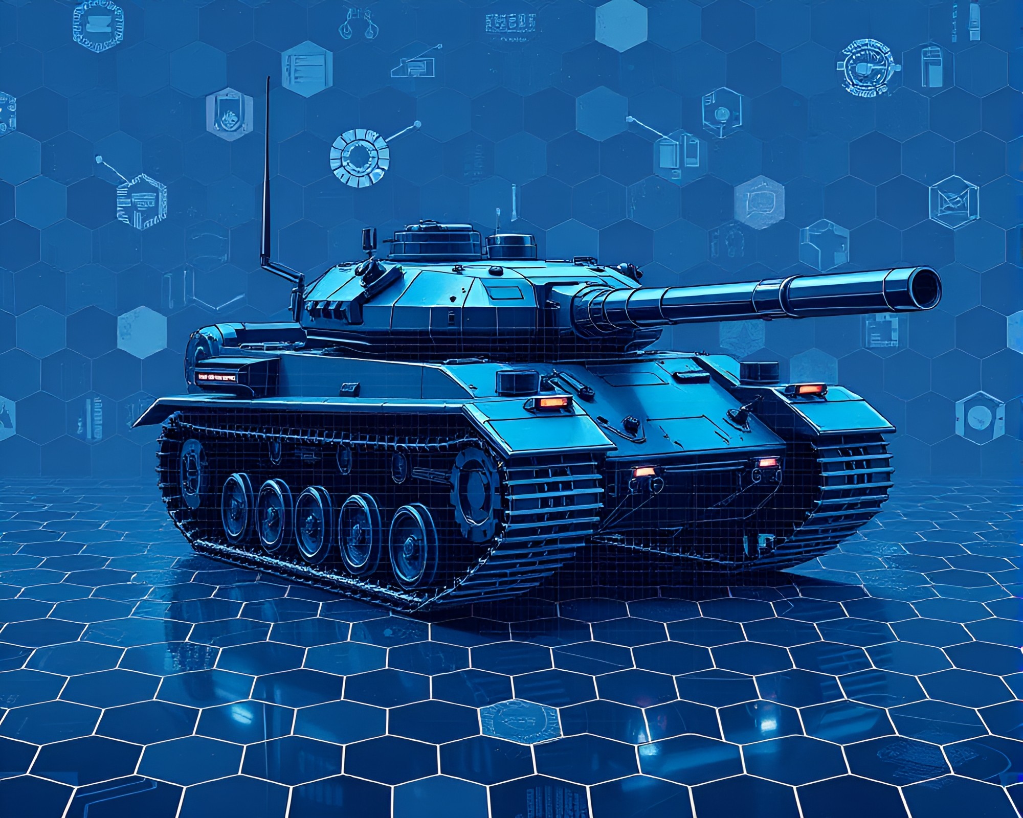Futuristic Armored Tank in Hexagonal Indigo Mystery – free AI stock image