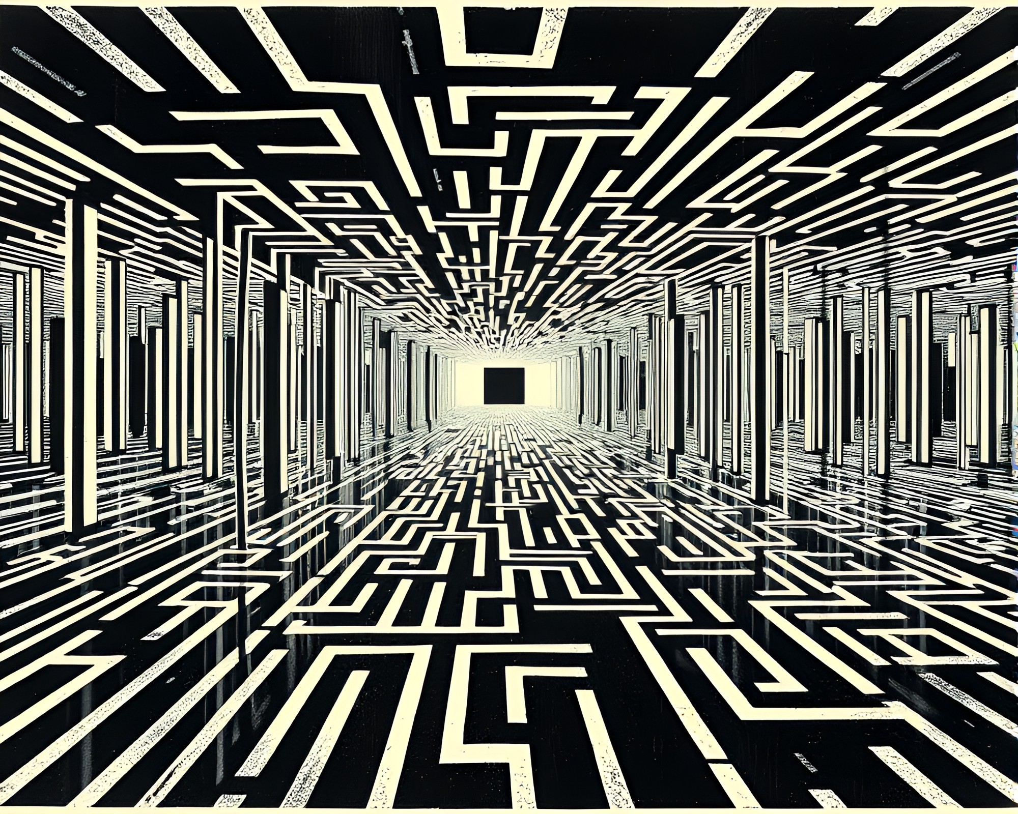 Woodblock Print Mirror Maze with CRT Flicker – free AI stock image