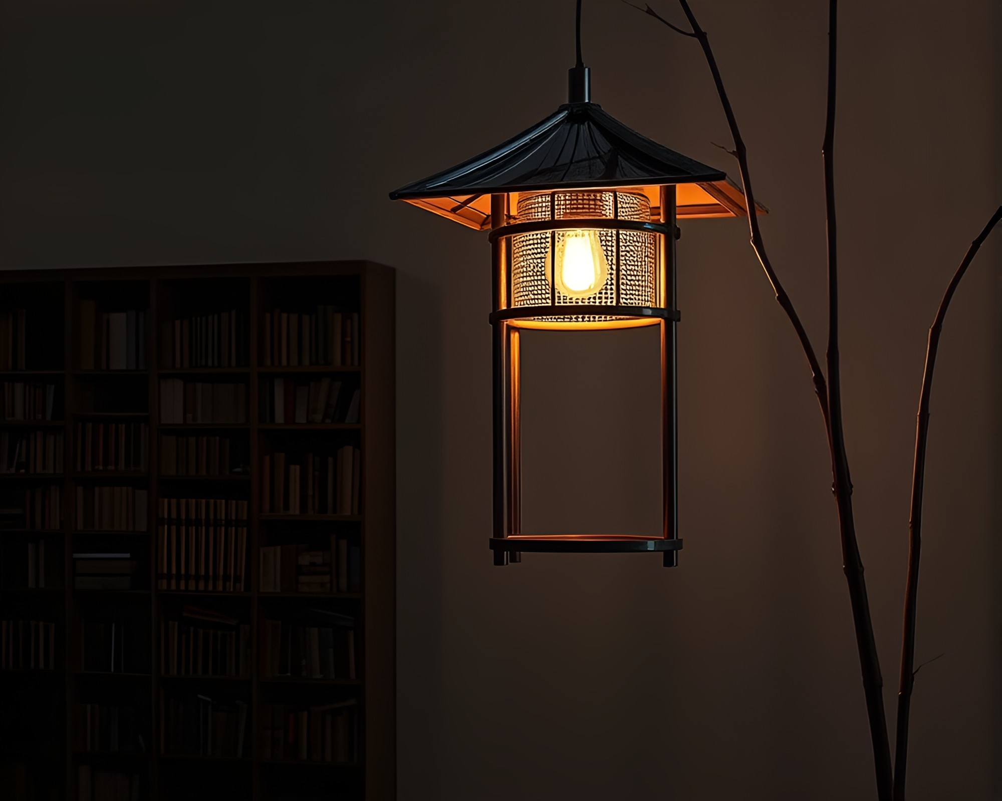 Chrome Reflections in Bamboo Library Lamp Light – free AI stock image