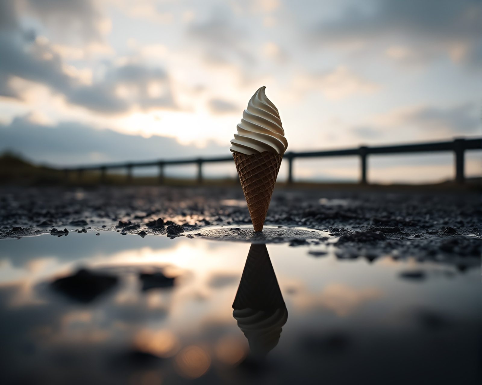 Darkly lit, reflective puddle showing gelato cone with vignette border