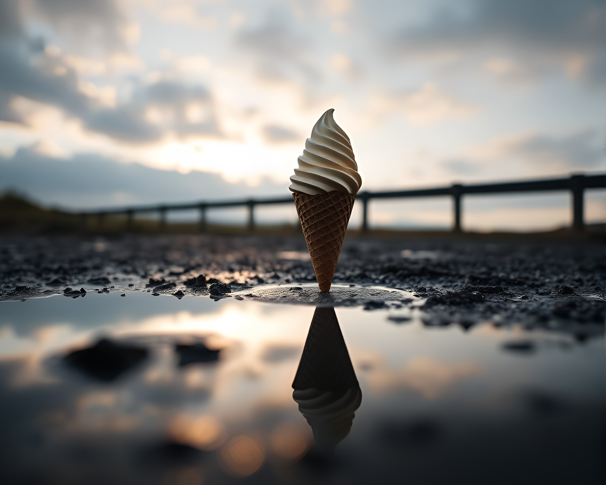 Gelato Cone Reflection in Charcoal Black Puddle Vignette – free AI stock image