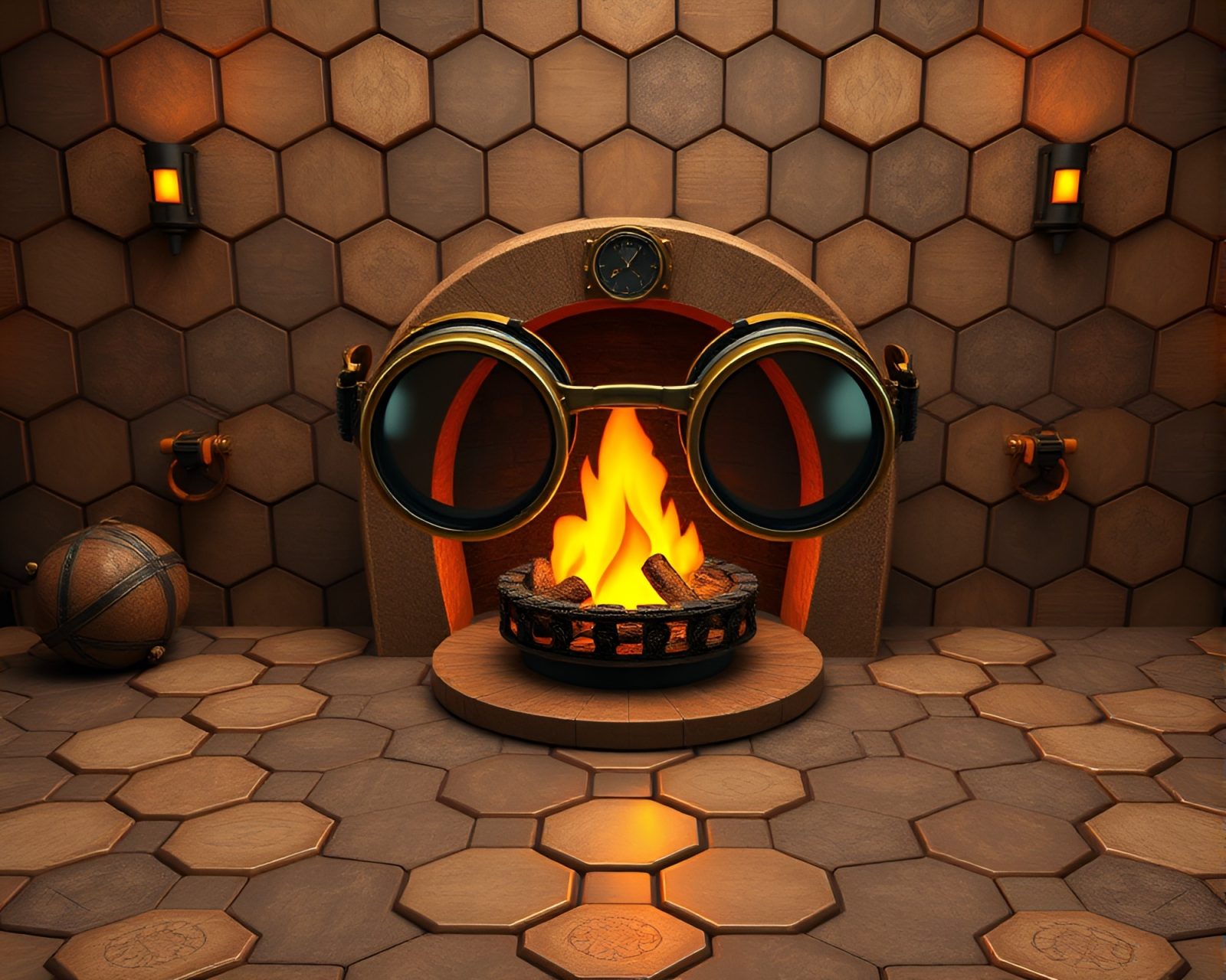Gleaming goggles lay on intricate hexagonal steampunk tiles near a flickering fireplace