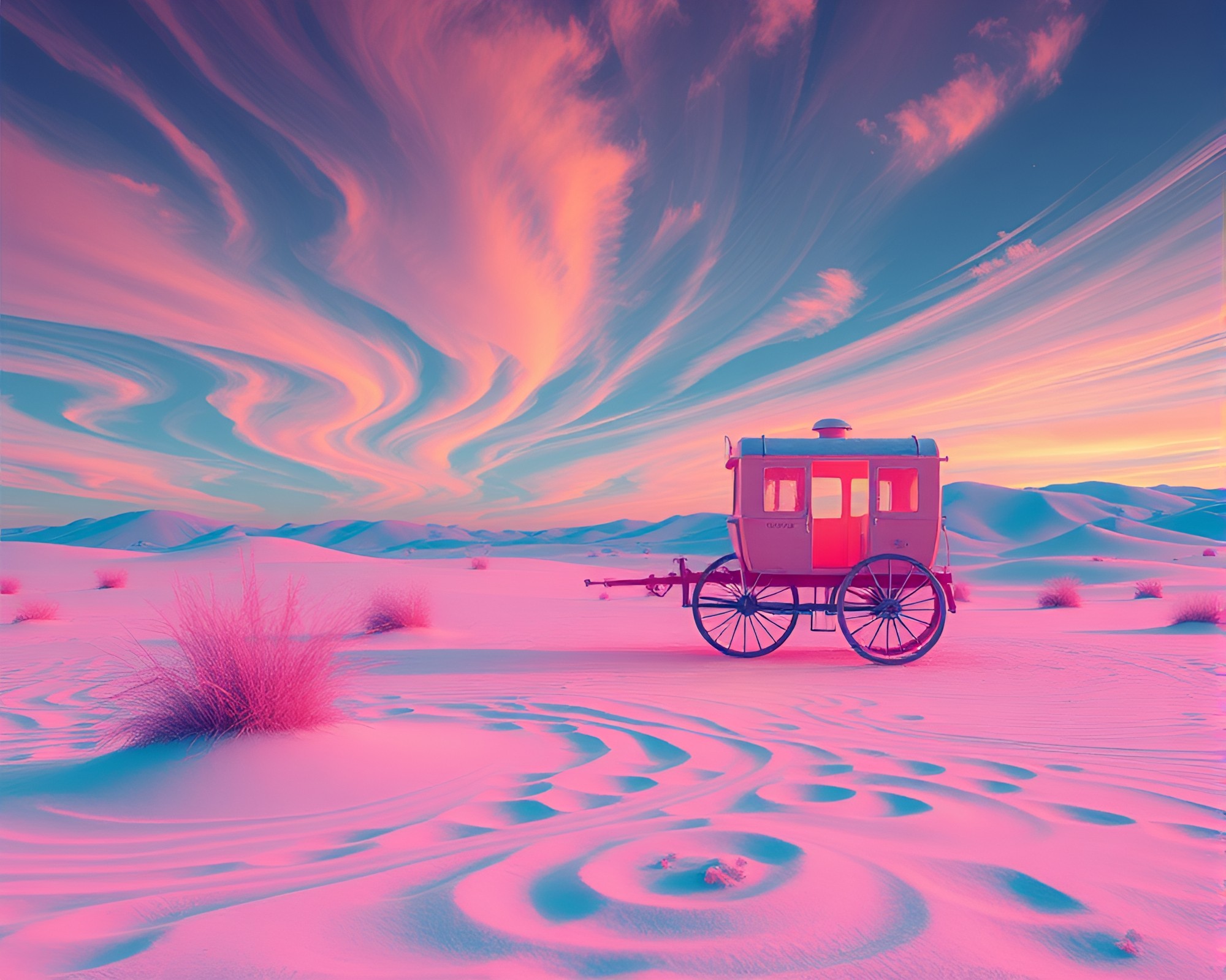 Desert Stagecoach Sand Swirl Vaporwave Fantasy – free AI stock image