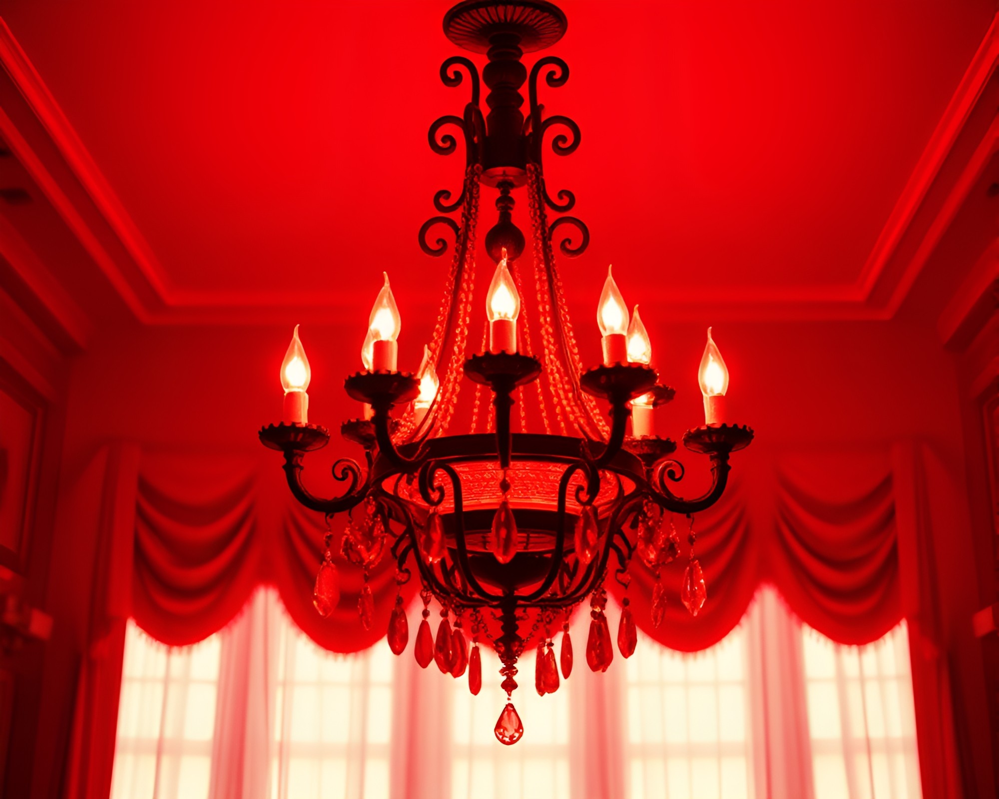 Victorian Chandelier in Monochrome Red Film Burn – free AI stock image