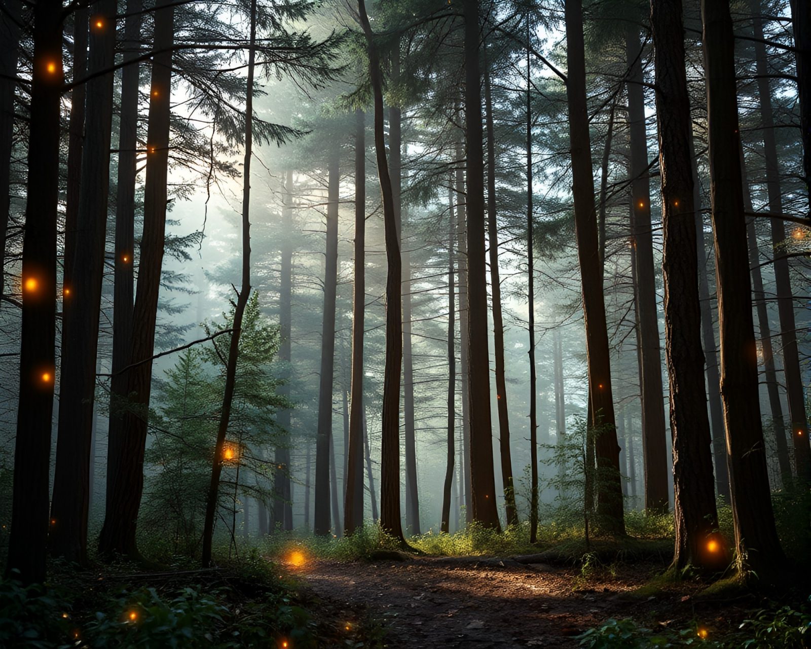 Metallic sheen light through intricate forest frame within frame