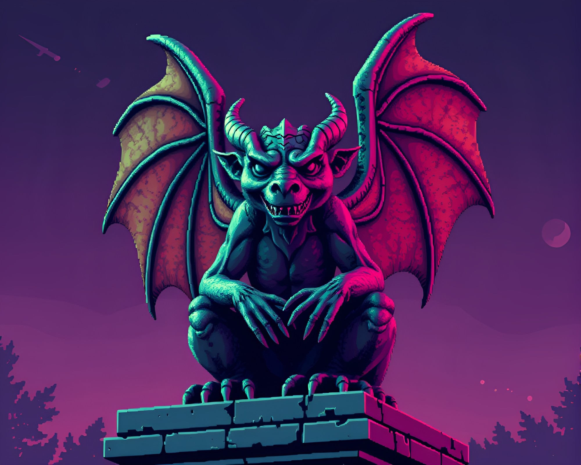 Twilight Gargoyle Statue in Retro Pixel Art – free AI stock image
