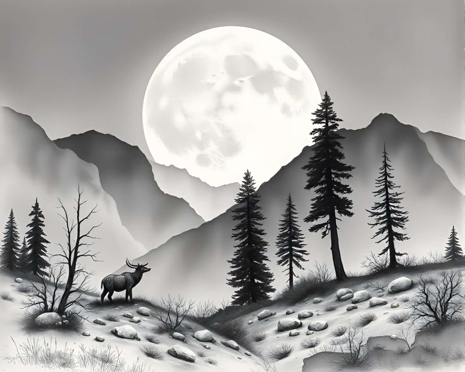 Watercolor painting of intricate wildlife details on a tranquil moonlit plateau