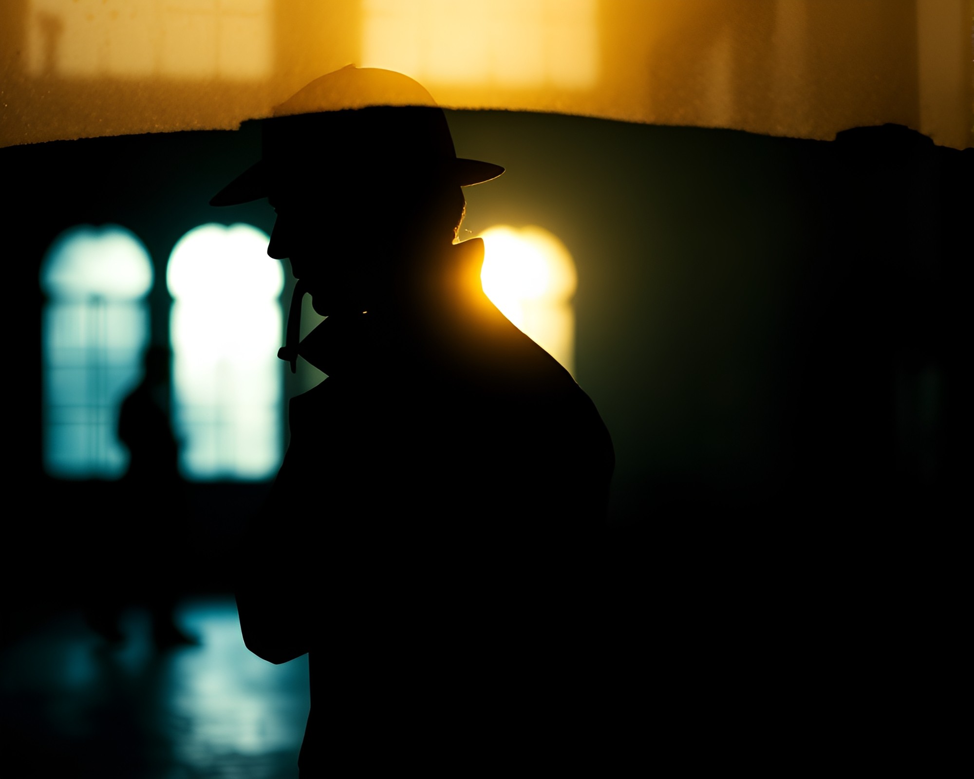 Sherlock Holmes Silhouette in Torn Edges Mystery Scene – free AI stock image