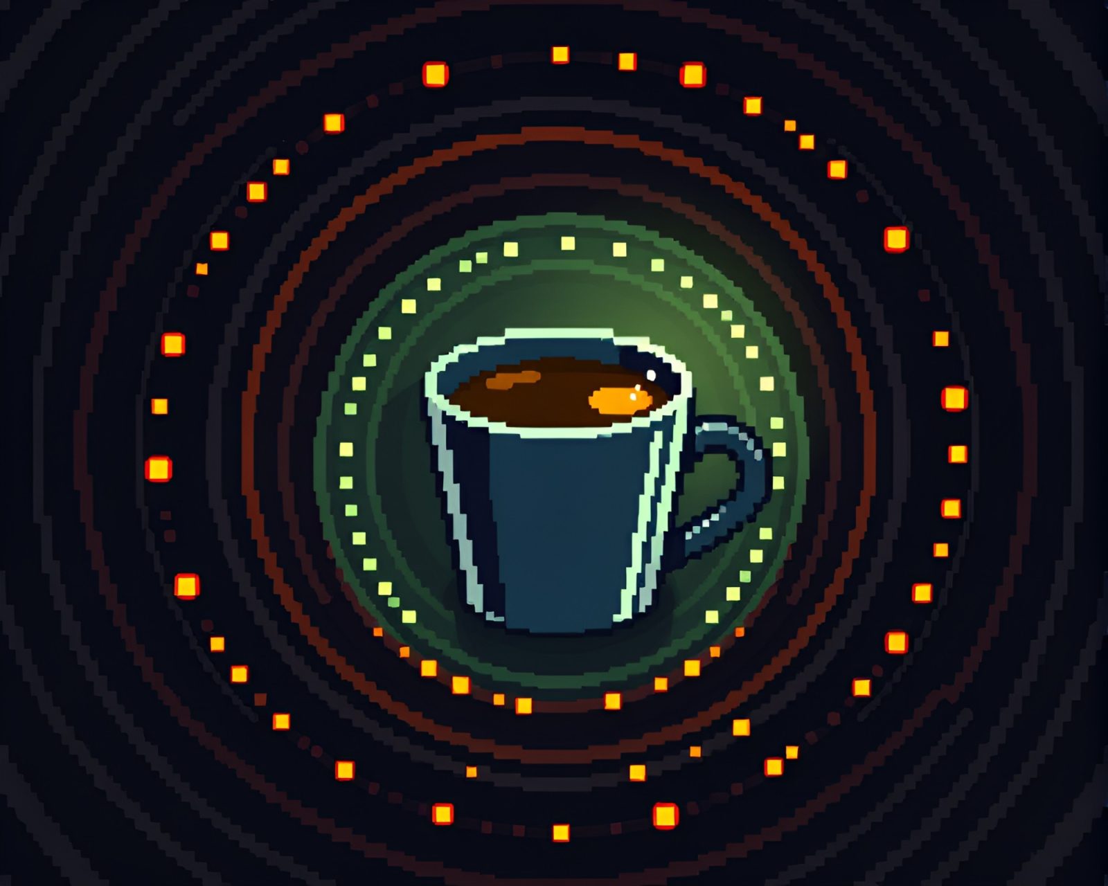 Illustration of a steampunk coffee cup amidst concentric circles