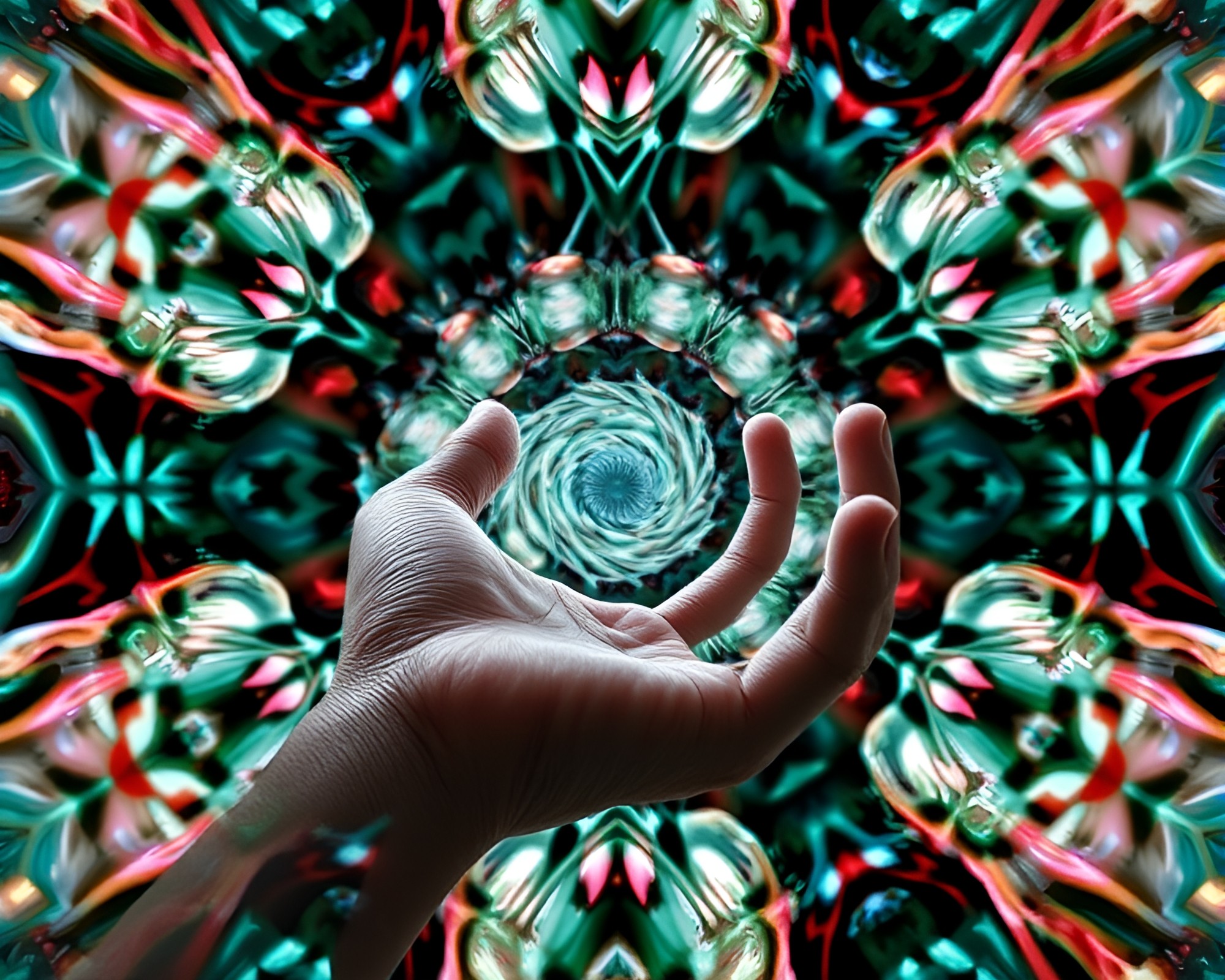 Cybernetic Hand in Ethereal Kaleidoscope Vortex – free AI stock image