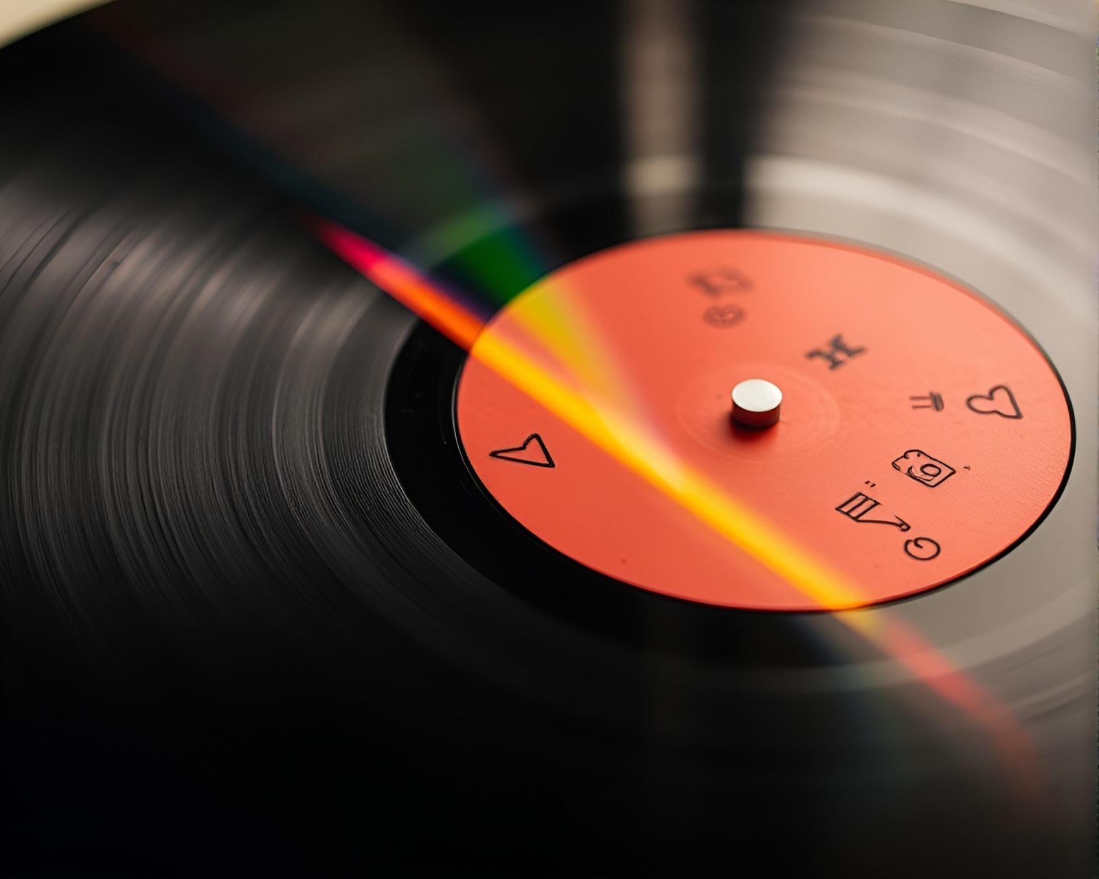 A mesmerizing blend of woodblock print patterns on a vinyl record, glowing with prism colors through a soft focus lens.