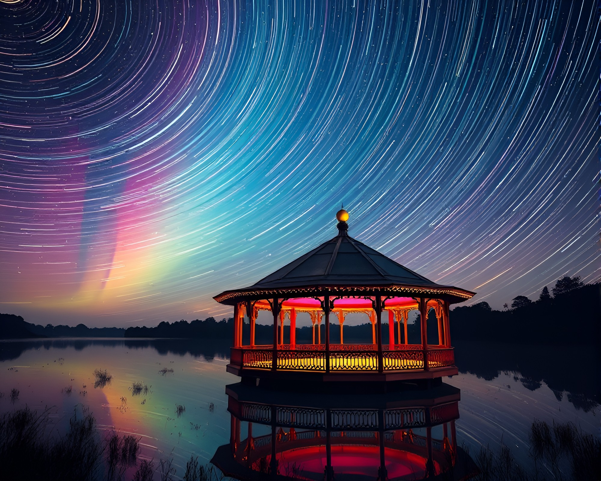 Mesmerizing Star Trails Over Rainbow Floating Pavilion – free AI stock image