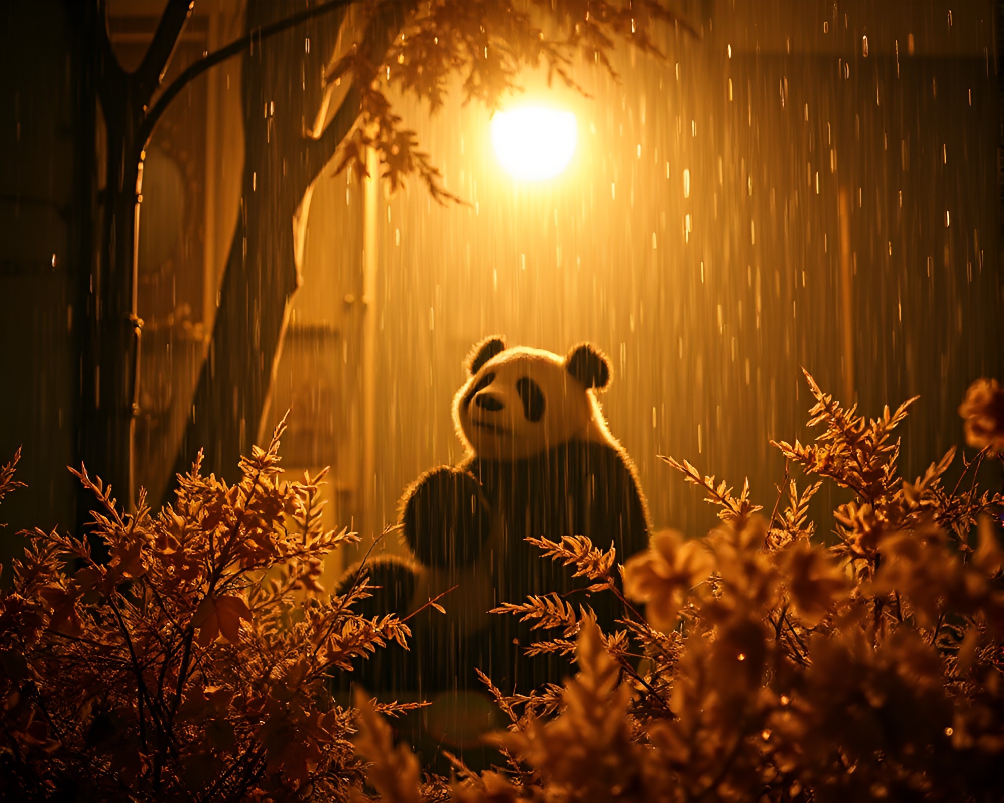 Tranquil Panda Rain Droplets Infrared Photography – free AI stock image