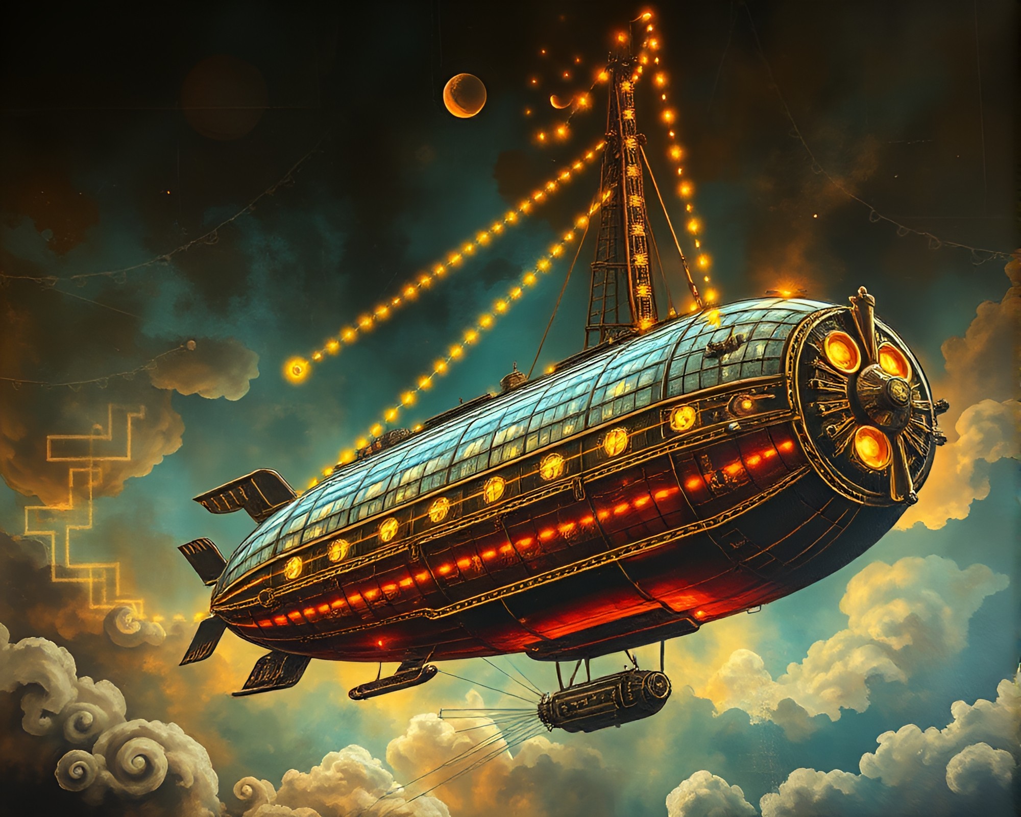 Eccentric Steampunk Airship in Dutch Angle Mural – free AI stock image