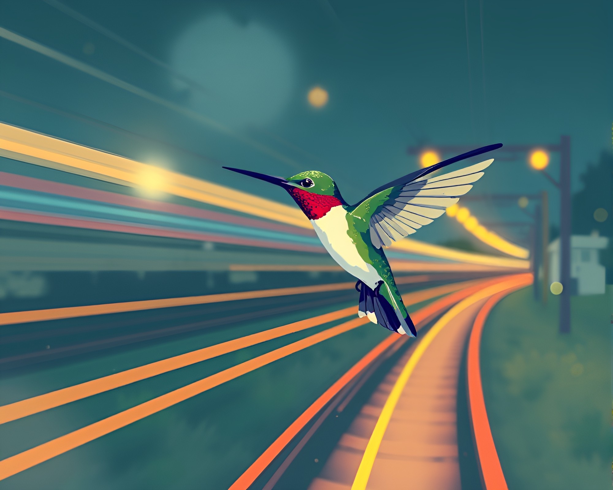 Dreamy Hummingbird Train Light Trails Graffiti Art – free AI stock image
