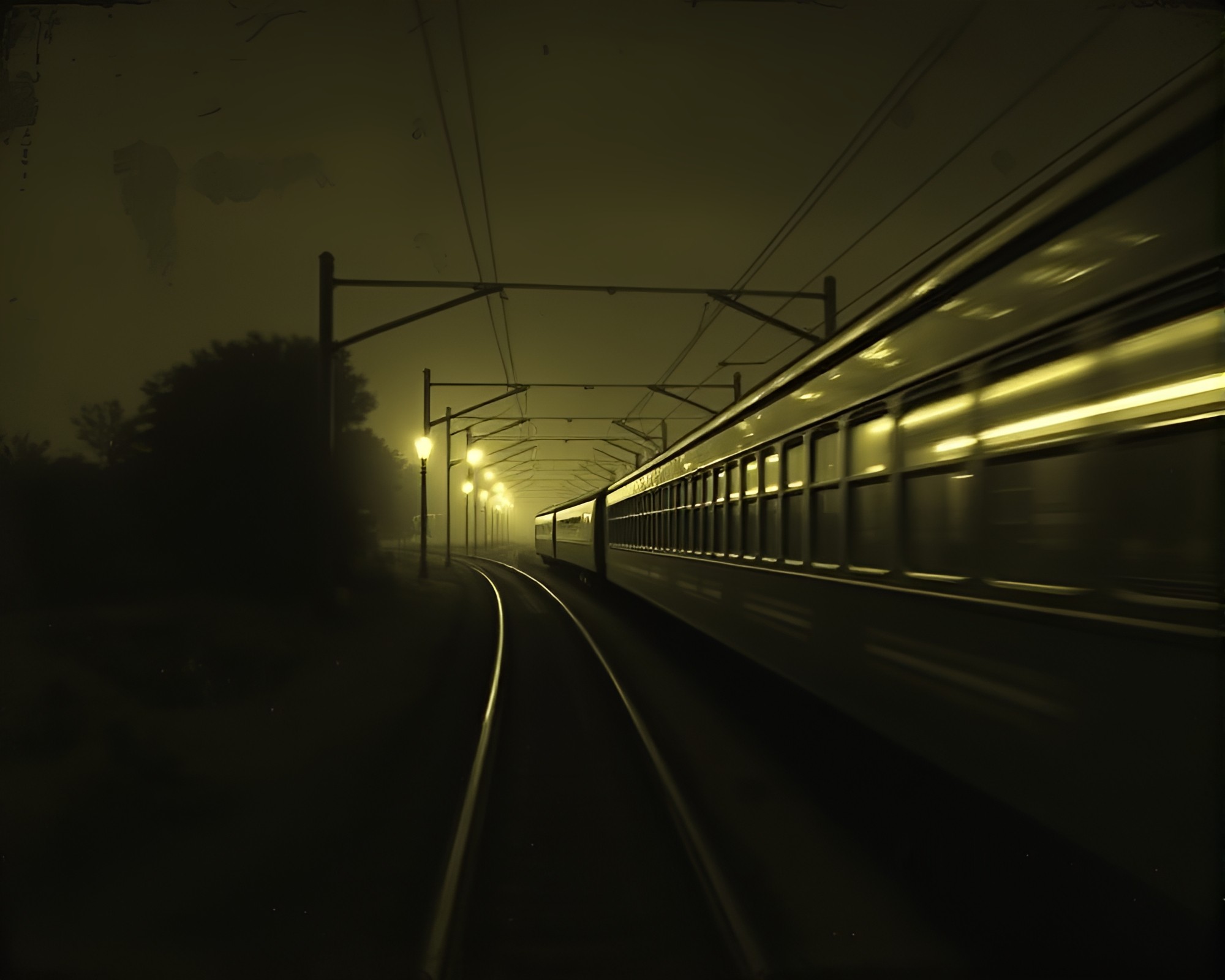 Savannah Train Light Trails in Olive Drab Sgraffito Style – free AI stock image