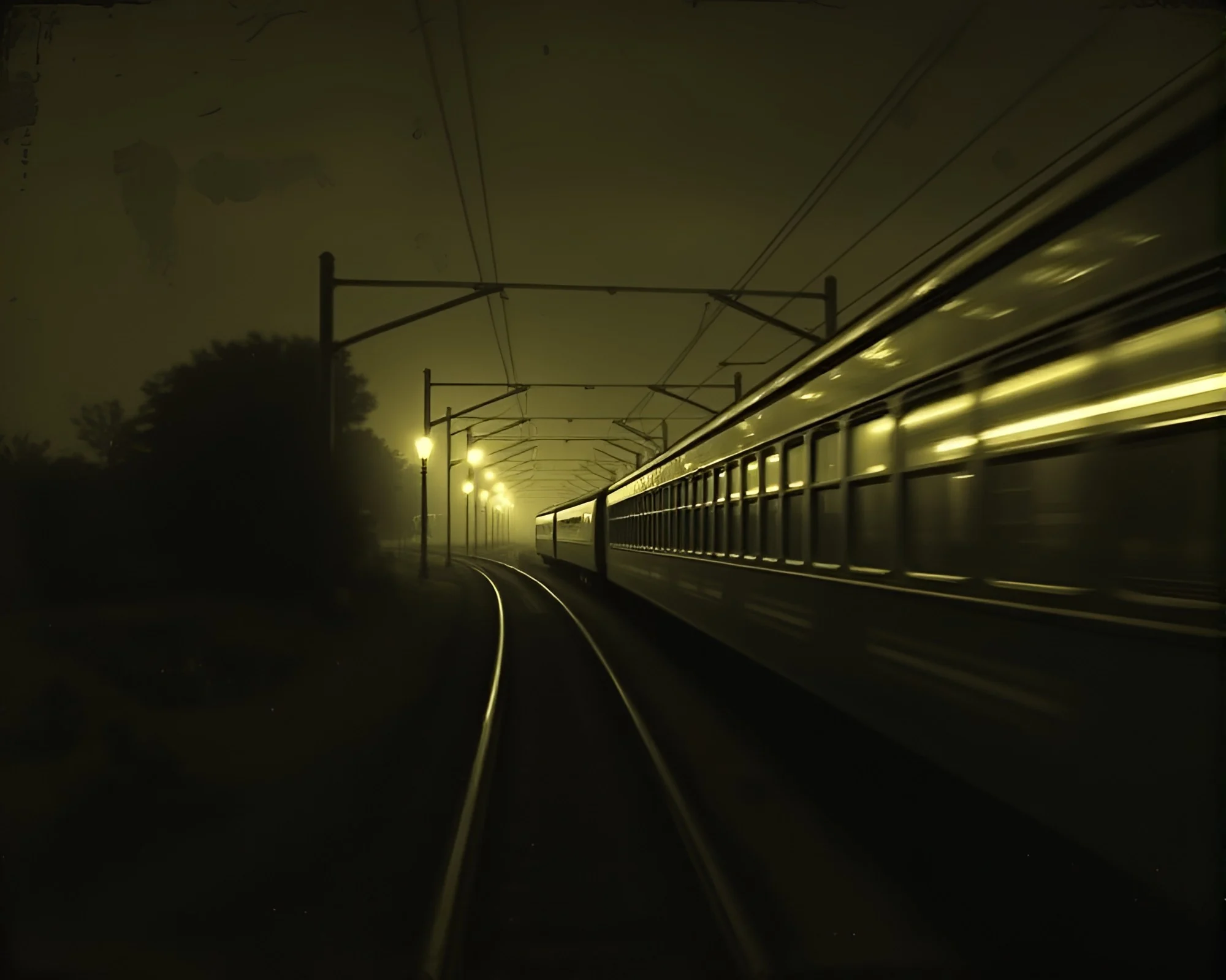 Savannah Train Light Trails in Olive Drab Sgraffito Style