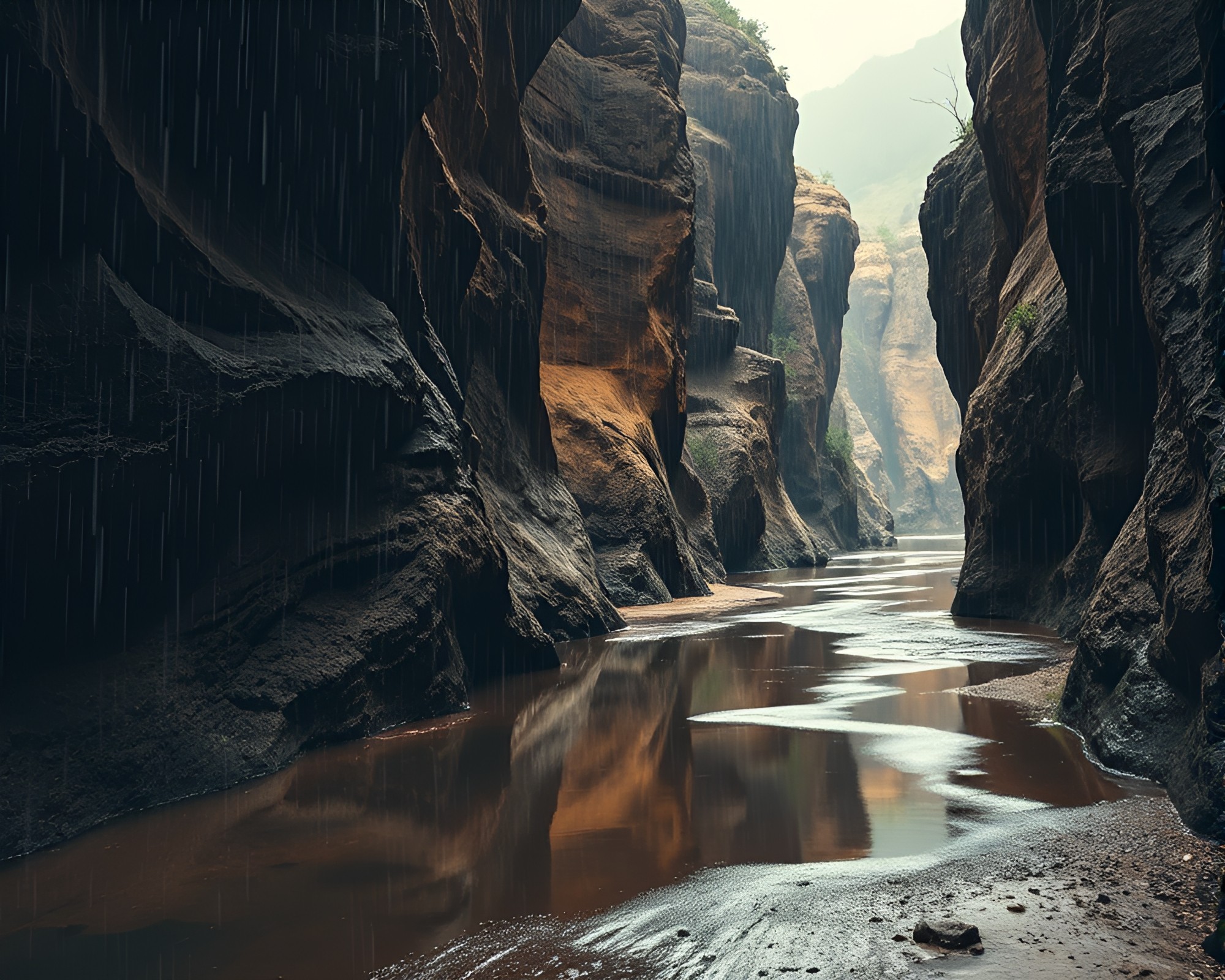 Eroded Canyon Reflections in Rainy Tri-Tone – free AI stock image